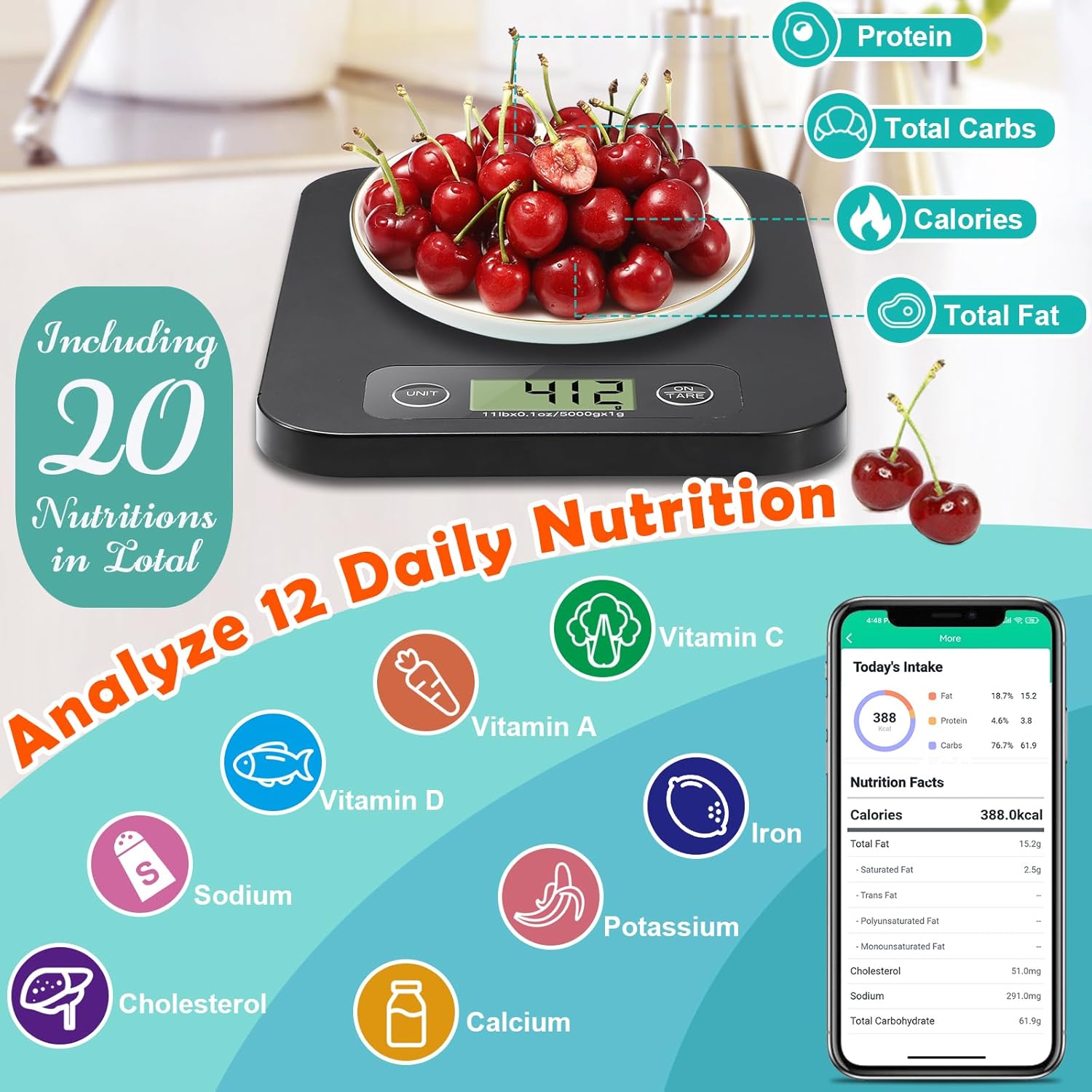 URAMAZ Food Scale with Nutritional Calculator, Digital Food Scales for Kitchen Scale Grams and Ounces, Smart Food Weight Scale for Weight Loss, 20 Nutrients Tracking, Diet, Calories, Meal Prep, 11lb