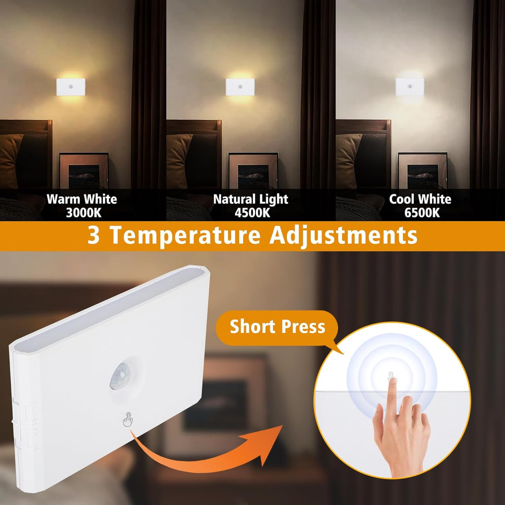 Motion Sensor Night Light, Rechargeable Battery Night Light, 2700K-6500K Magnetic/Stick-on Closet Lights, Dimmable Stair Lights for Bedroom Kitchen Hallway Stairs (2 Pack)