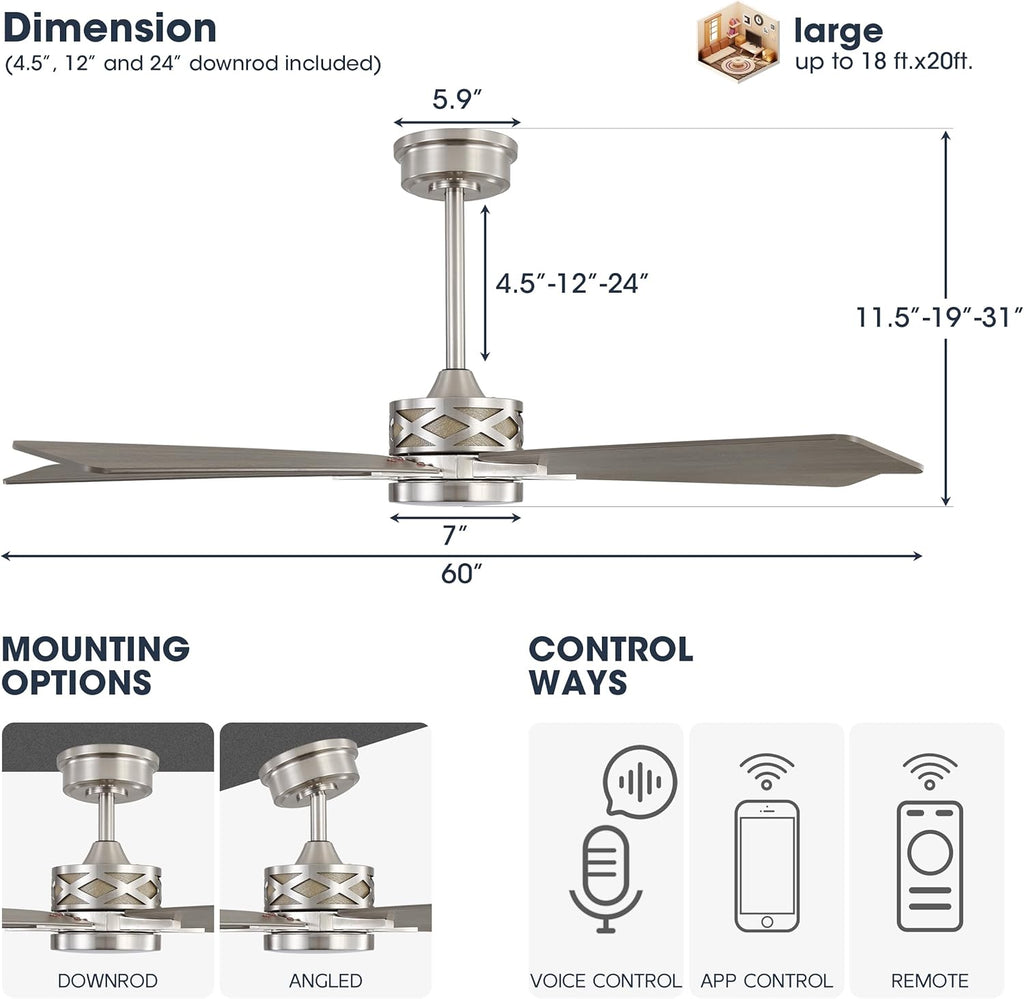 WINGBO 60" Smart Ceiling Fan with Lights and 3 Downrods, 5 Plywood Blades, 6 Speeds Reversible DC Motor, Works with Alexa and Google Assistant, 3CCT Dimmable LED Large Ceiling Fans, Nickel and Grey
