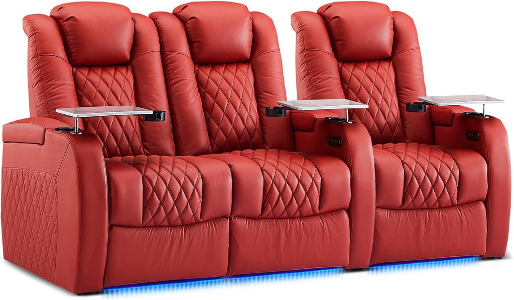 Weilianda Home Theater Seating Top Grain Leather Zero Gravity Recliner Chair Power Headrest Recline Movie Seat Gaming 7 Colors Mood Light Sofa with Tray Table USB Charge Row of 3 Loveseat Left Red
