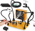 Magnetic Helping Hands Soldering Third Hand with 3X & 6X LED Magnifying Lamp, Hot Air Gun Holder,12V Solder Fume Extractor, Extra Large & Heavy Duty Base, Four Arms Solder Station for Soldering PCB