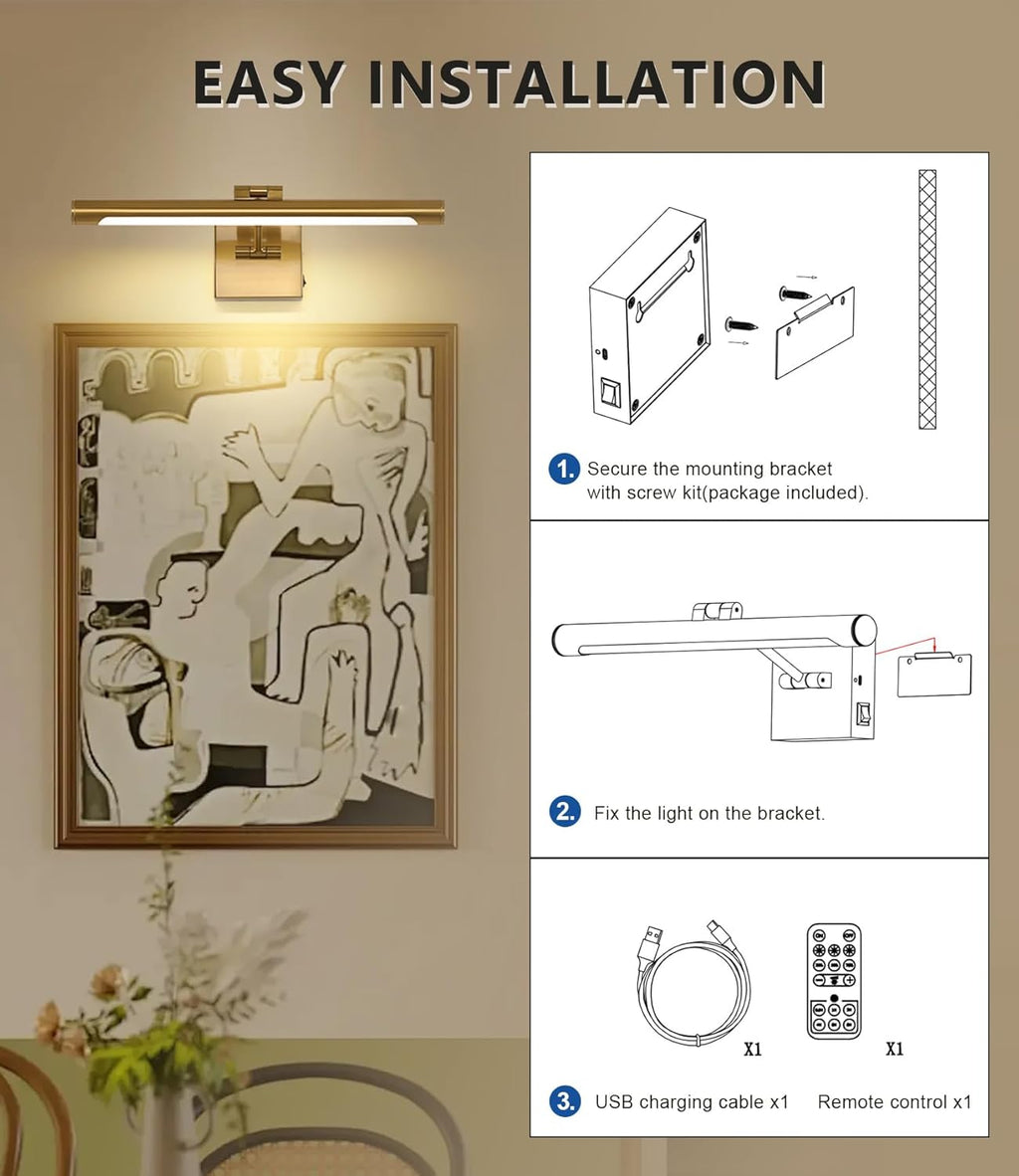 Joosenhouse Battery Operated Picture Lights for Wall Rechargeable Art Lighting for Paintings Wireless Gallery Light with Remote Control 16.54” Dimmable and Timed Off Wall Sconce Brass Color