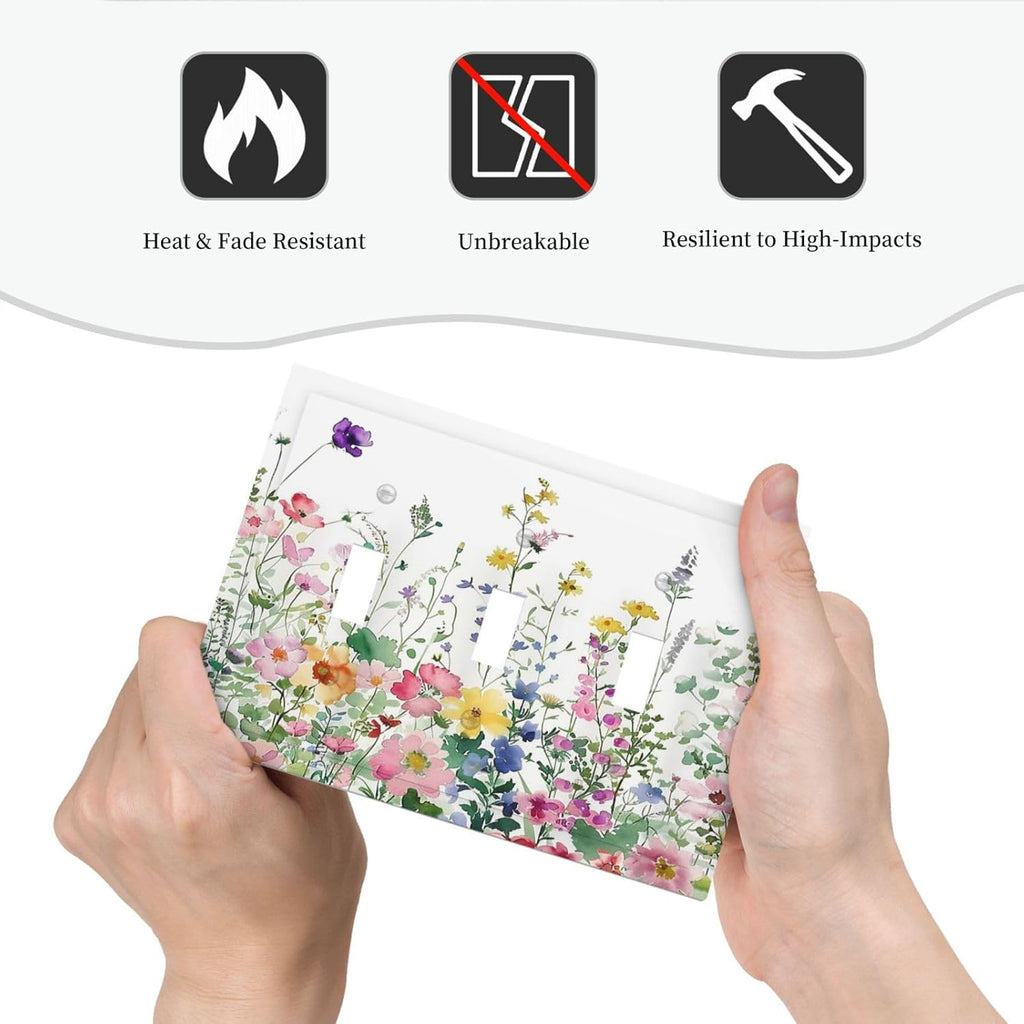 Decorative Switch Plates Boho Colorful Flowers Plant Rustic Wildflower 3 Gang Wall Plate Triple Toggle Light Switch Cover Faceplate Electrical Wall Panels for Bed Room Bathroom Decor