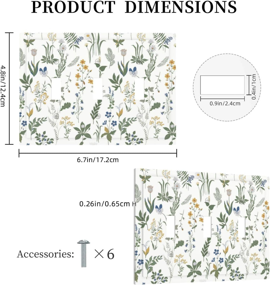 Decorative Switch Plates Floral Green Leaf Plant Flowes 3 Gang Wall Plate Triple Toggle Light Switch Cover Faceplate Electrical Wall Panels For Bed Room Farmhouse Decor