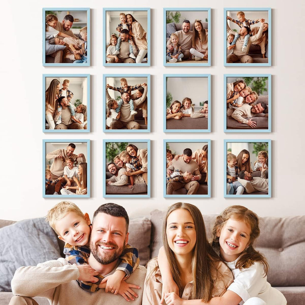 Renditions Gallery Set of 12, 8X10 Custom Photo Prints with Real Wood Picture Frames. Create Personalized Photos with Peel & Stick Photo Frames. Blue Frame