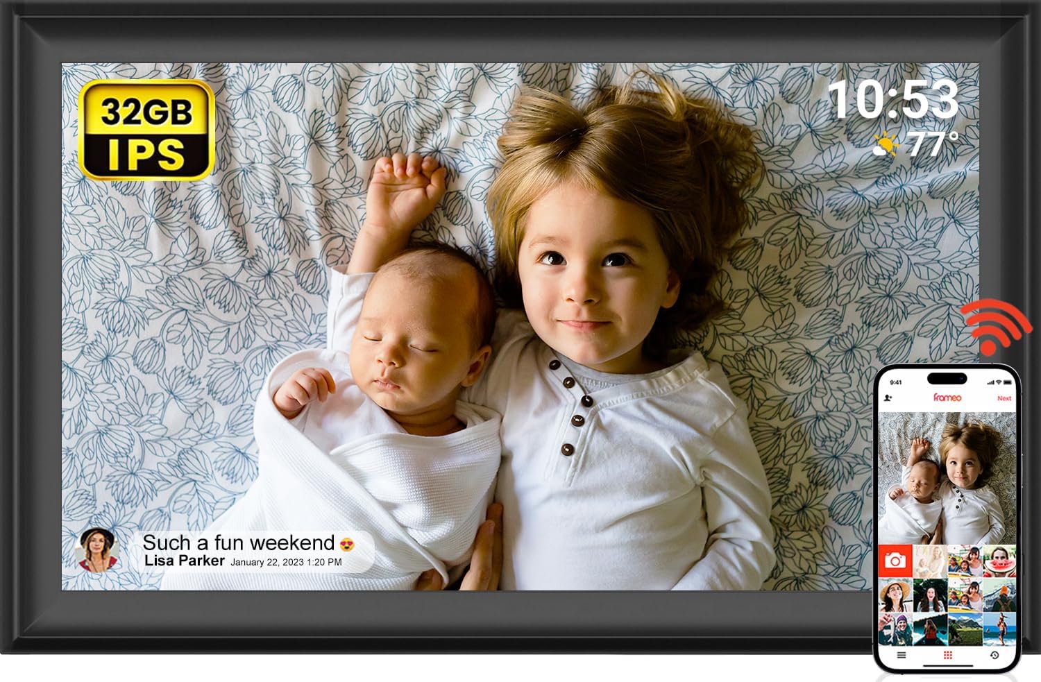 Frameo 15.6 Inch Large Digital Photo Frame, Digital Picture Frame WiFi, IPS HD Touch Screen, 32GB Storage, Photo Frame with Auto-Rotate Instant Share Photo/Video Sharing via Frameo App, Gift for Mom