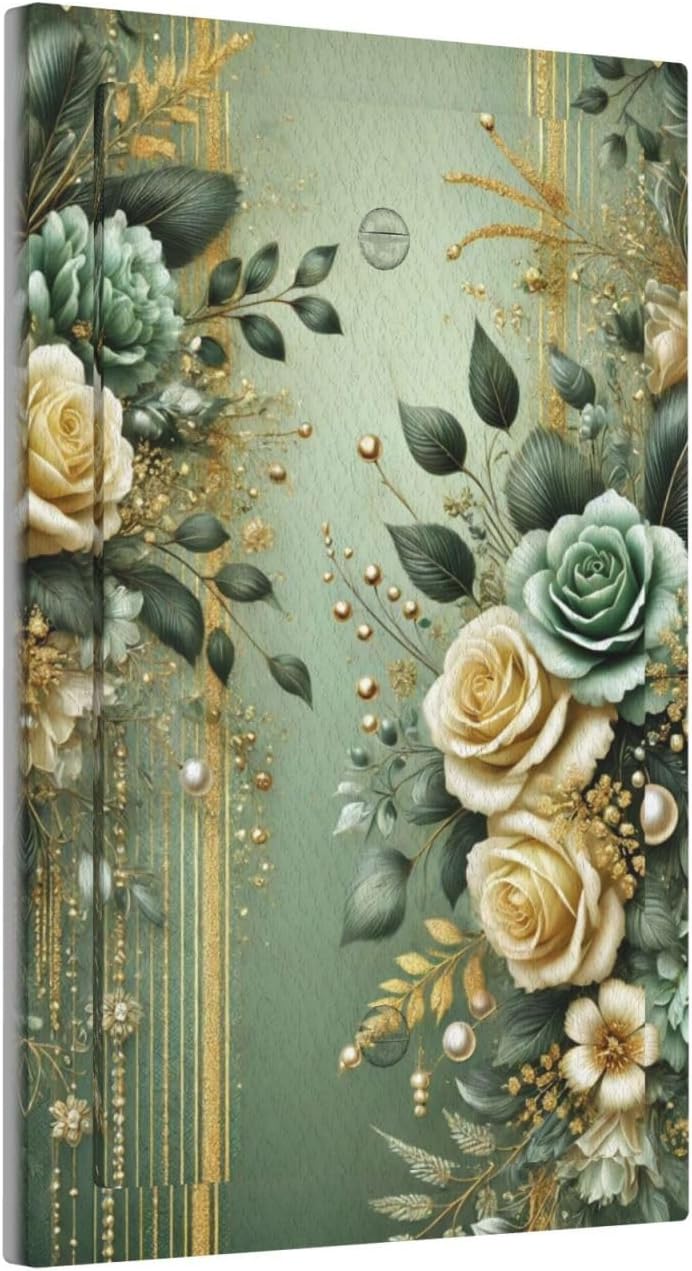 Decorative Light Switch Cover Plate Rustic Green Floral Leaves Teal Flowers Gold Stripe 1 Gang No Device Single Blank Outlet Covers Wall Plate Cover Switchplate Faceplate