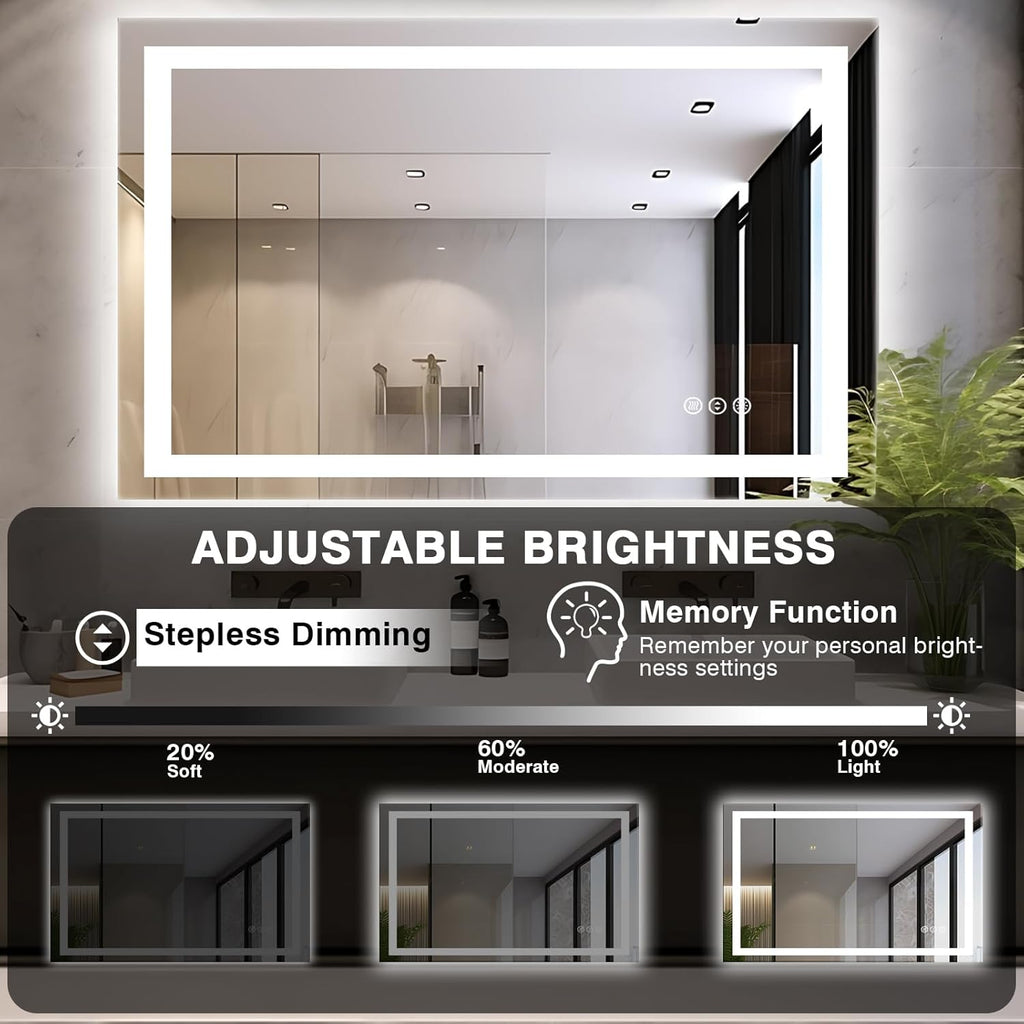 48"x32" LED Bathroom Mirrors for Wall, Front and Backlit Mirror, Anti-Fog Vanity Mirror with Lights, Stepless 3 Colors Dimmable Lighted Mirror(Horizontal/Vertical)