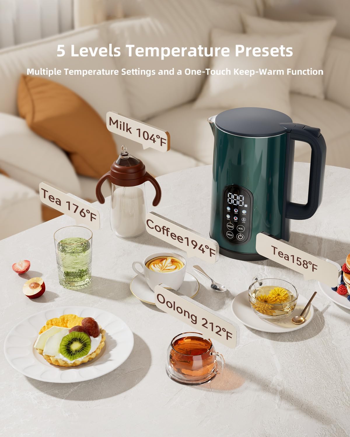 Electric Kettle temperature control 1.7-liter stainless steel kettle,Five Temperature Control Modes,Two-hour heat retention,Green