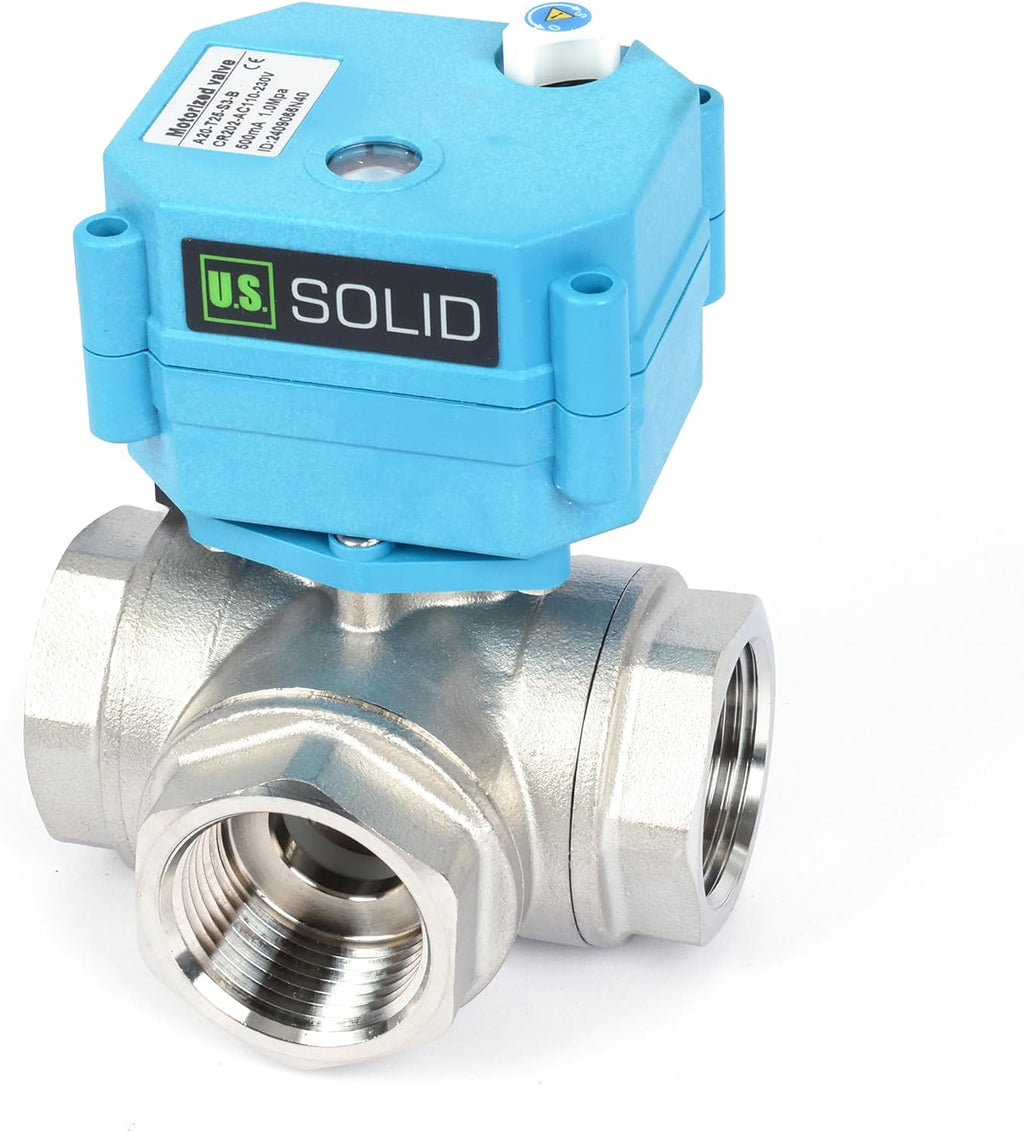 U.S. Solid 1" 3 Way Stainless Steel Motorized Ball Valve AC110-230V, L Type Water Shutoff Valve with Manual Function, Standard Port