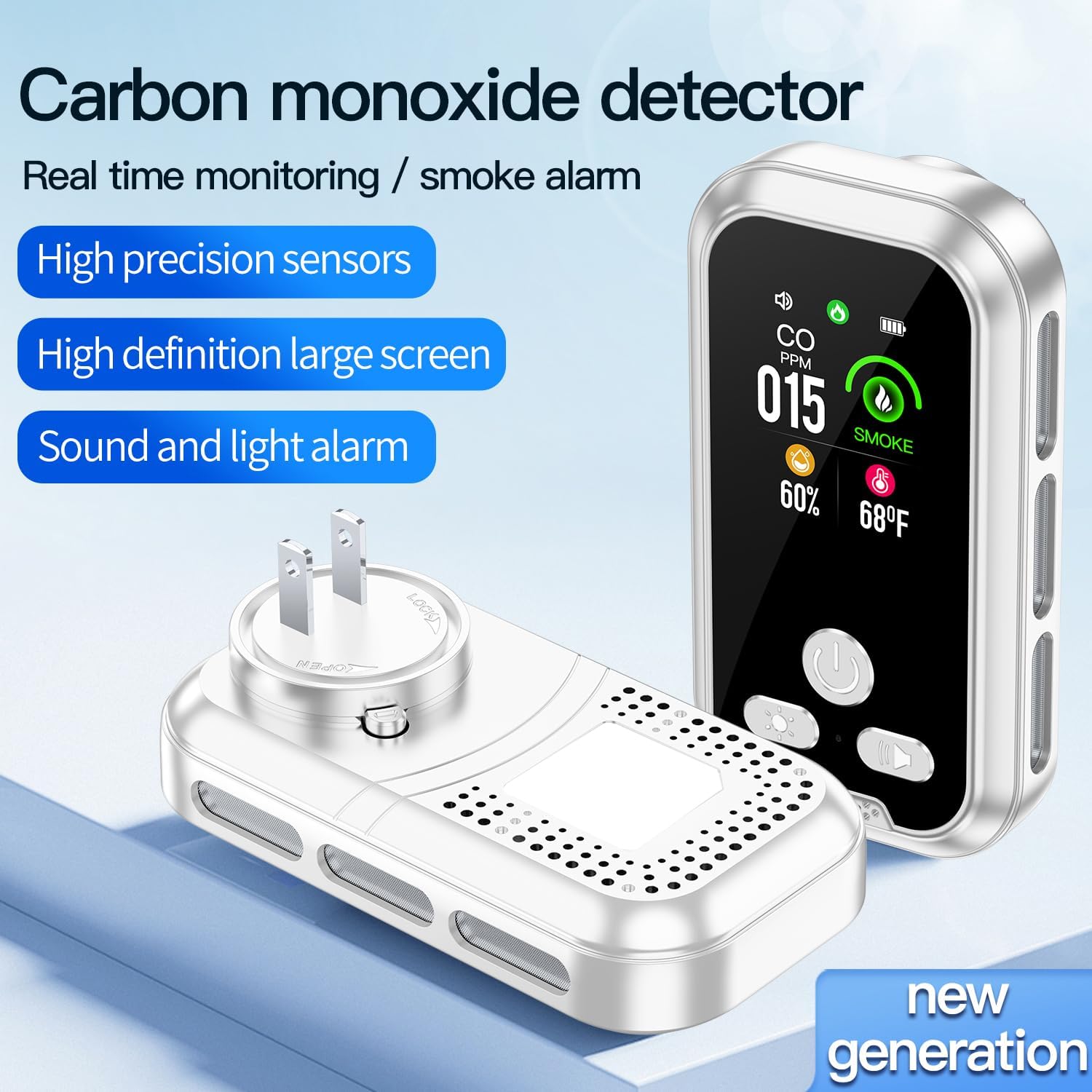 2-Pcs 4IN1 Plug in Smoke & Carbon Monoxide Detector Combination Builti-in 2000 mAh Backup Battery HD Screen [Smoke CO Temp Humidity Sensor] Alarm for Home Travel Hotel Indoor (White)