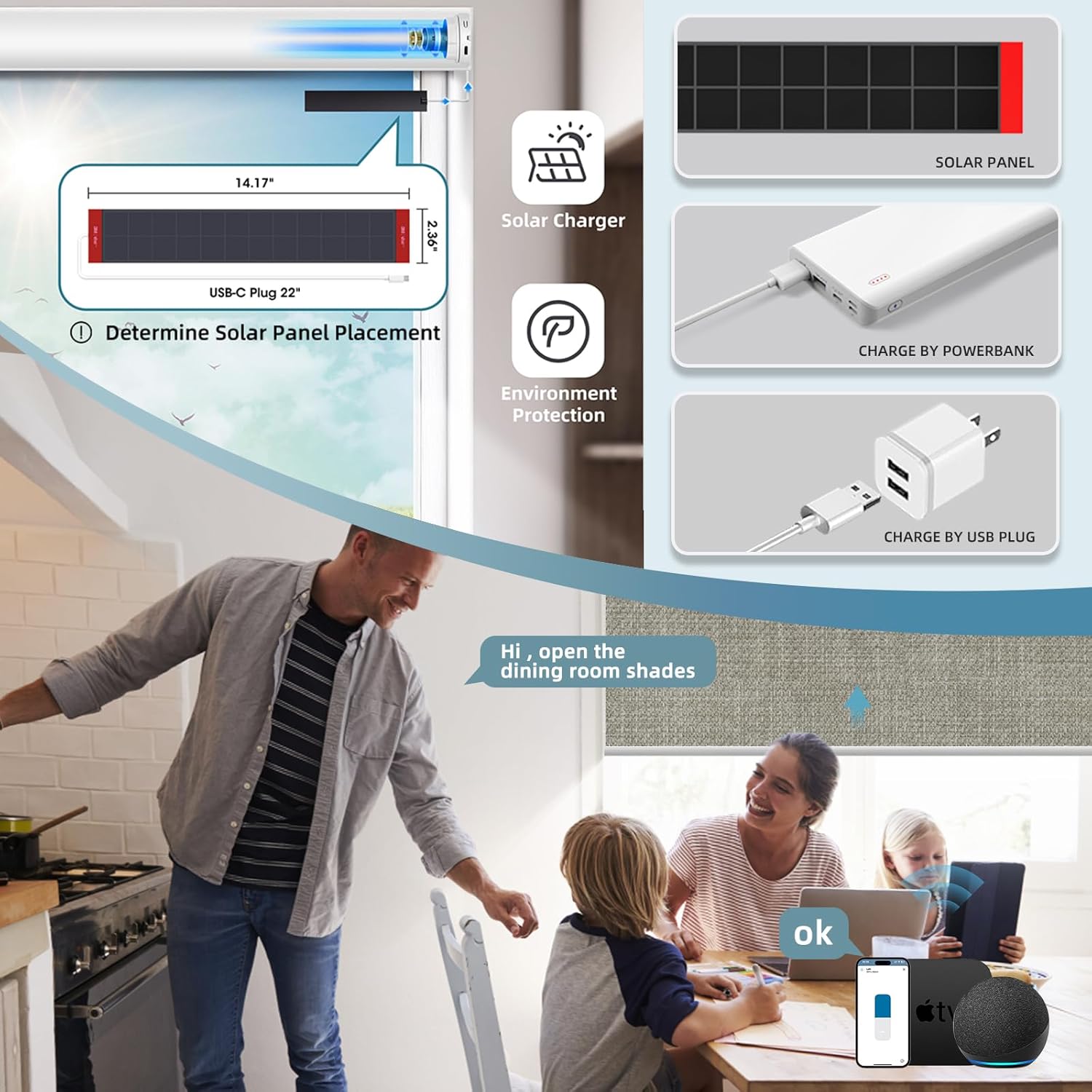 SmartWings Motorized Roller Shades Work with Homekit, Alexa Google, 100% Blackout Smart Blinds for Windows, Cordless Remote Control Window Shades, Vigor Sage, Customized Size