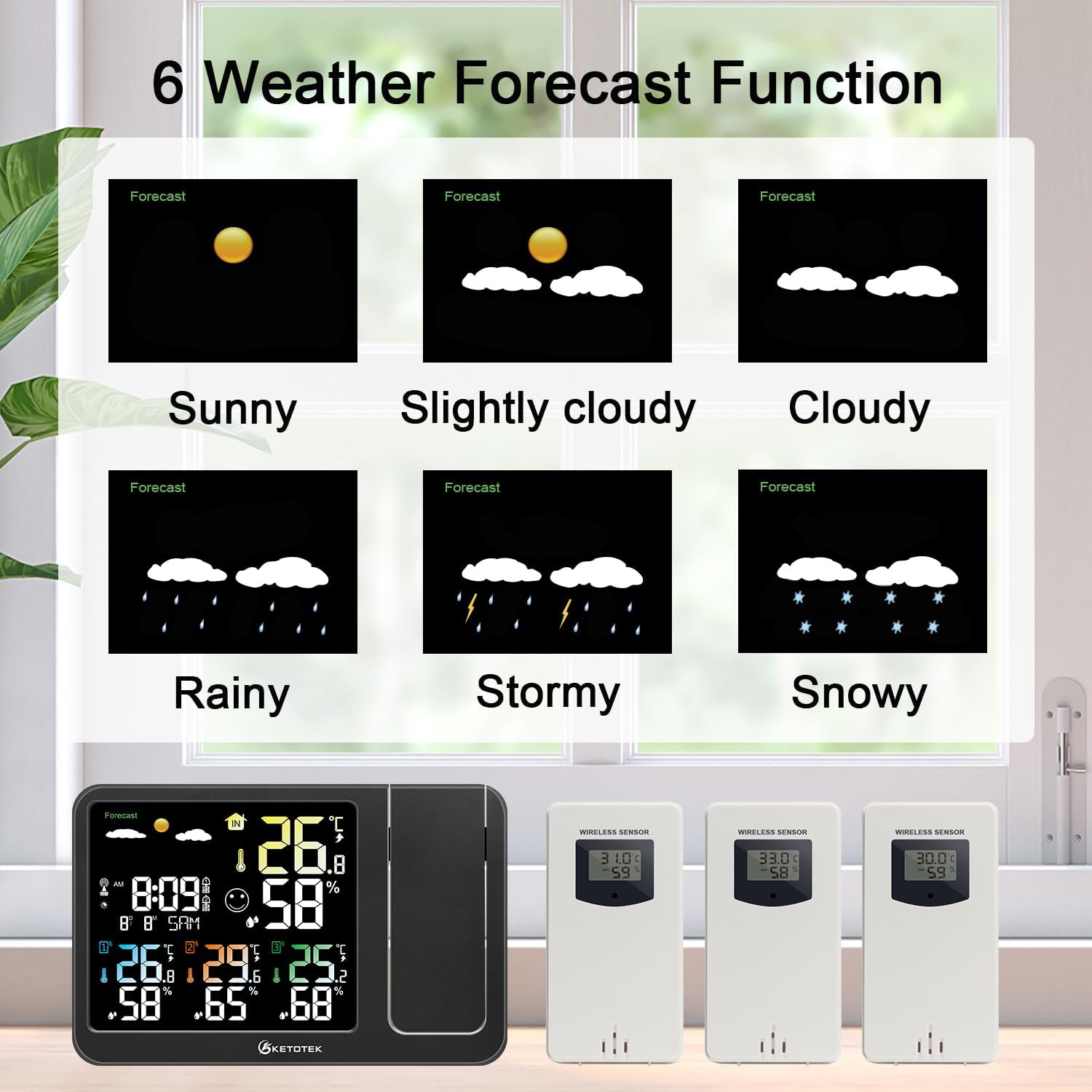 KETOTEK Digital Projection Alarm Clock for Bedroom Ceiling Wall VA LCD Display Radio Controlled Weather Station Indoor Outdoor Temperature Humidity Monitor with 3 Remote Sensors