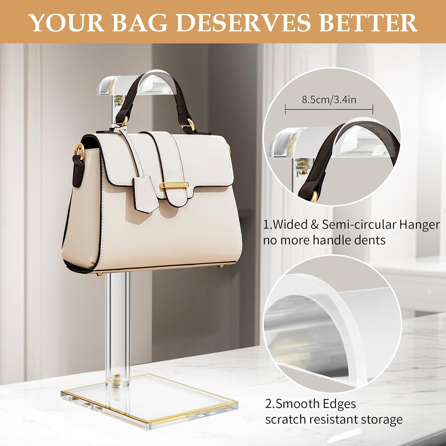 Acrylic Purse Display Stands, 14"-24" Adjustable Height Handbag Holder, Clear Purse Rack Stands for Closet Retail, Durable Gold Trim Hanging Bag Wallet Jewelry Necklace Organizer Stand(PATENT PENDING)