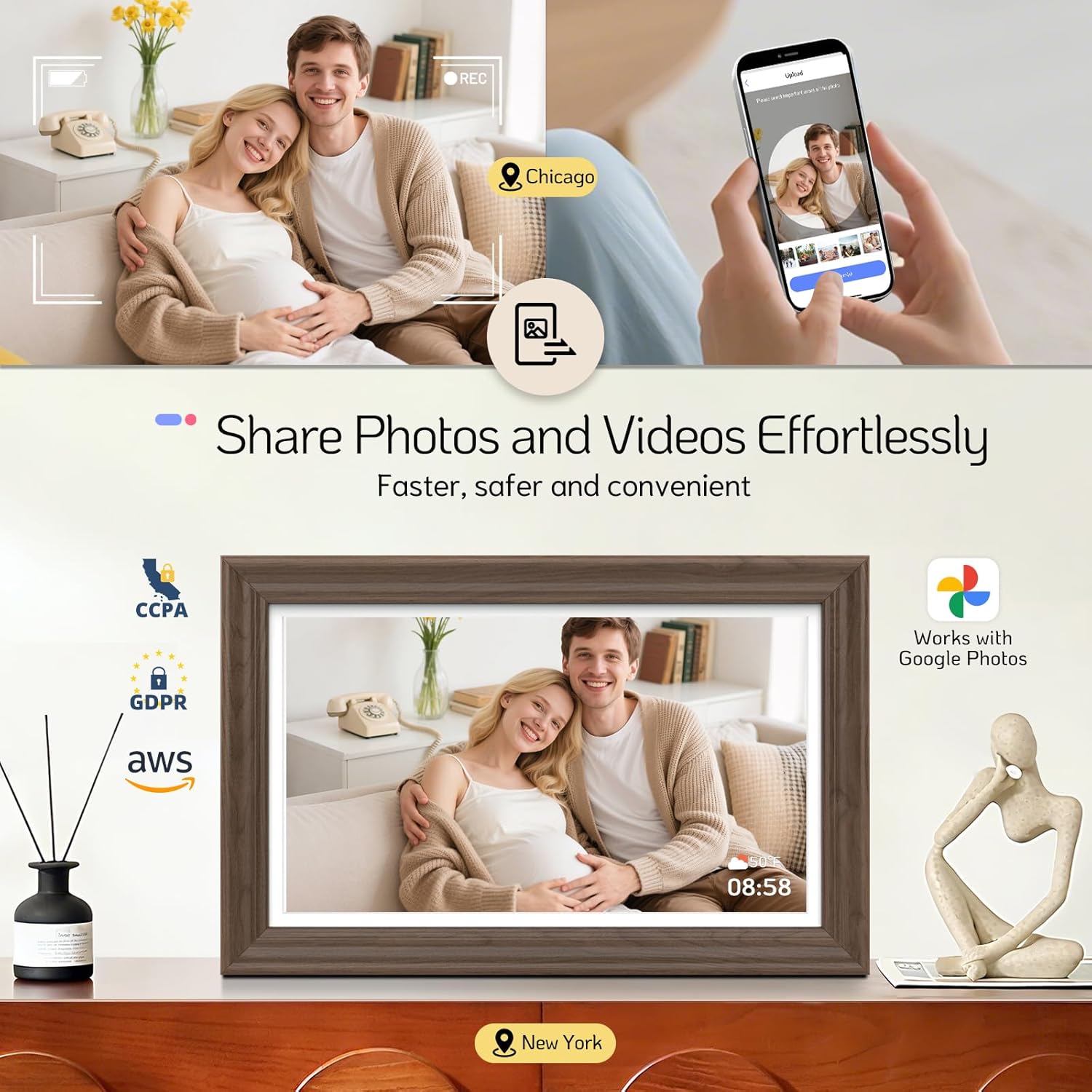 NexFoto Touchscreen Digital Picture Frame 15.6'', FHD WiFi Digital Photo Frame, Wood Electronic Frame 64GB, Add Pics from Google Photos, Share Photos/Videos, for Mom Christmas/Birthday, Walnut