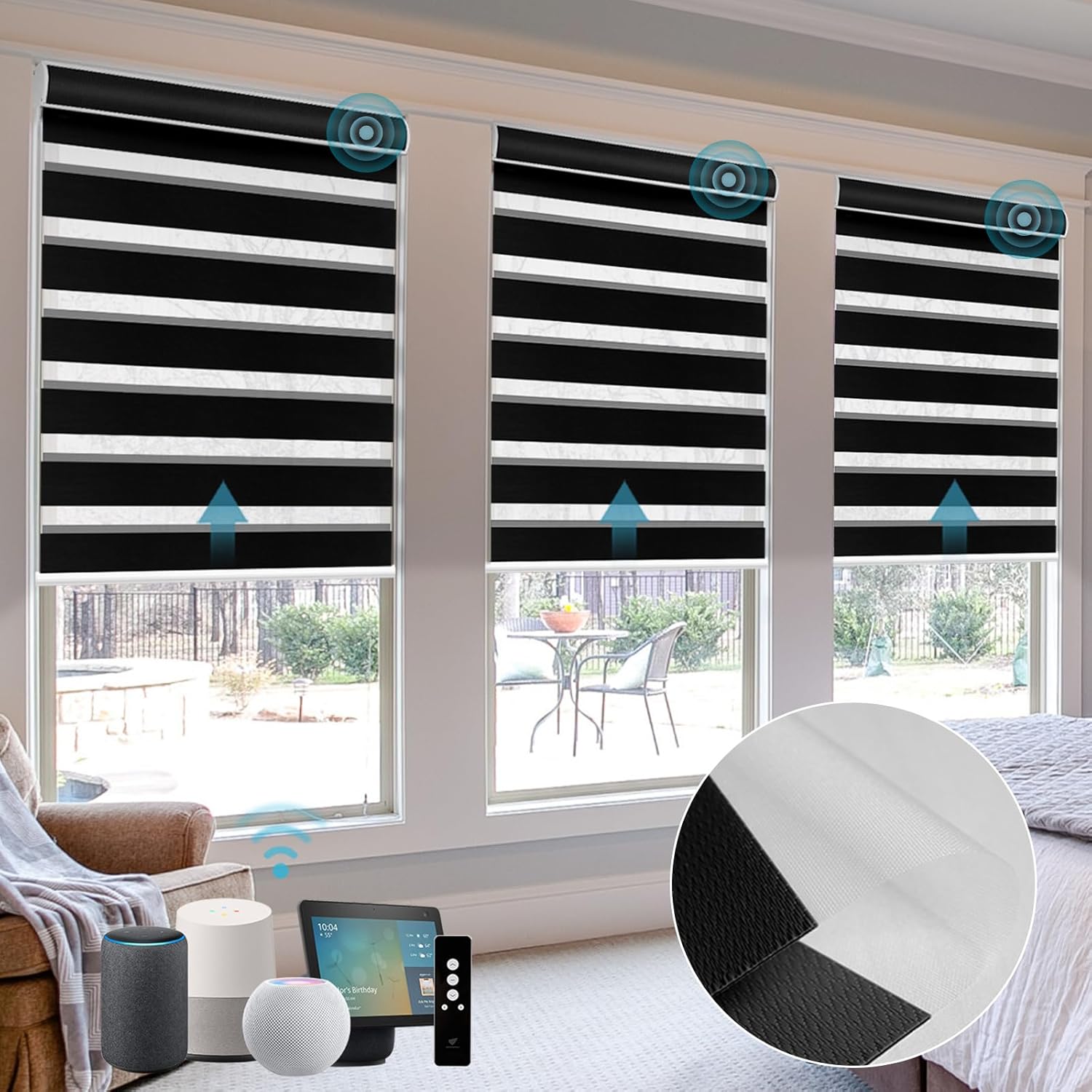 SmartWings Motorized Zebra Shades with Valance Work with Homekit Thread Alexa Z-Wave Smart Dual Layer Shades with Remote Control, Automatic Horizontal Window Blind, 90% Blackout 95mm Astrid Black