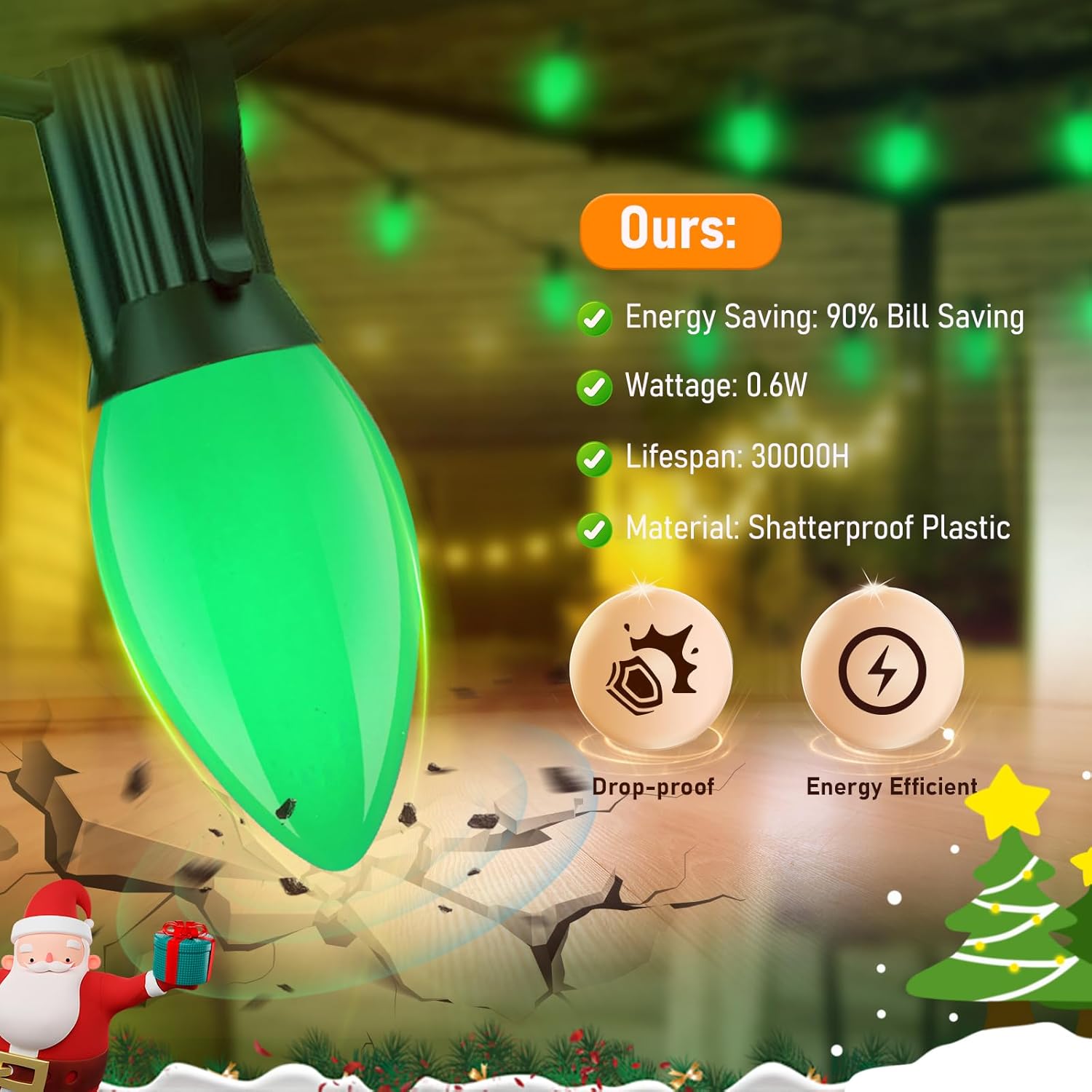C7 Green LED Light Bulb,25 Pack 0.6w C7 Ceramic Replacement Christmas Lights with E12 Base,Green Outdoor Light Bulb for Chandelier Window Candle Christmas String Lights