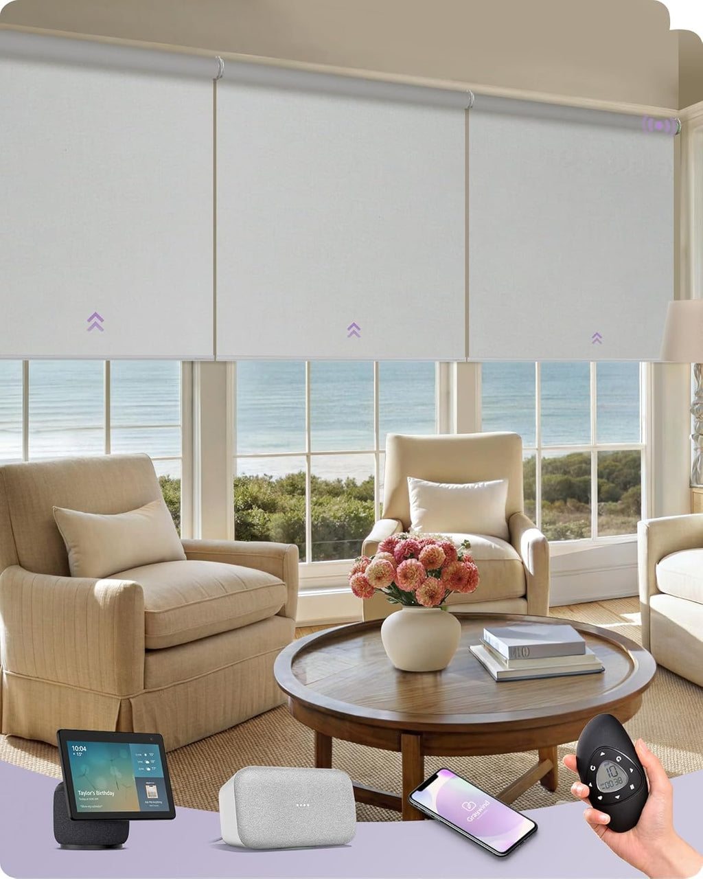 Graywind Smart Coupled Roller Shades Compatible with Alexa Google Custom Size Extra Large Motorized Blinds for Windows(White)