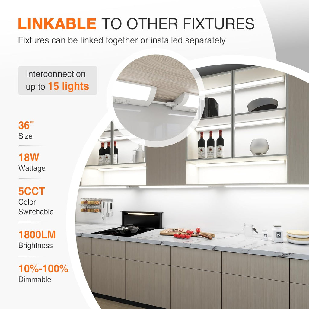 36inch Linkable Under Cabinet Lighting Hardwired Plug-in, Wired led Under Cabinet Lights with 5 CCT (2700/3000/3500/4000/5000) & Dimmable, Under Counter Lights for Kitchen, 18W, 1800LM, 1 Pack