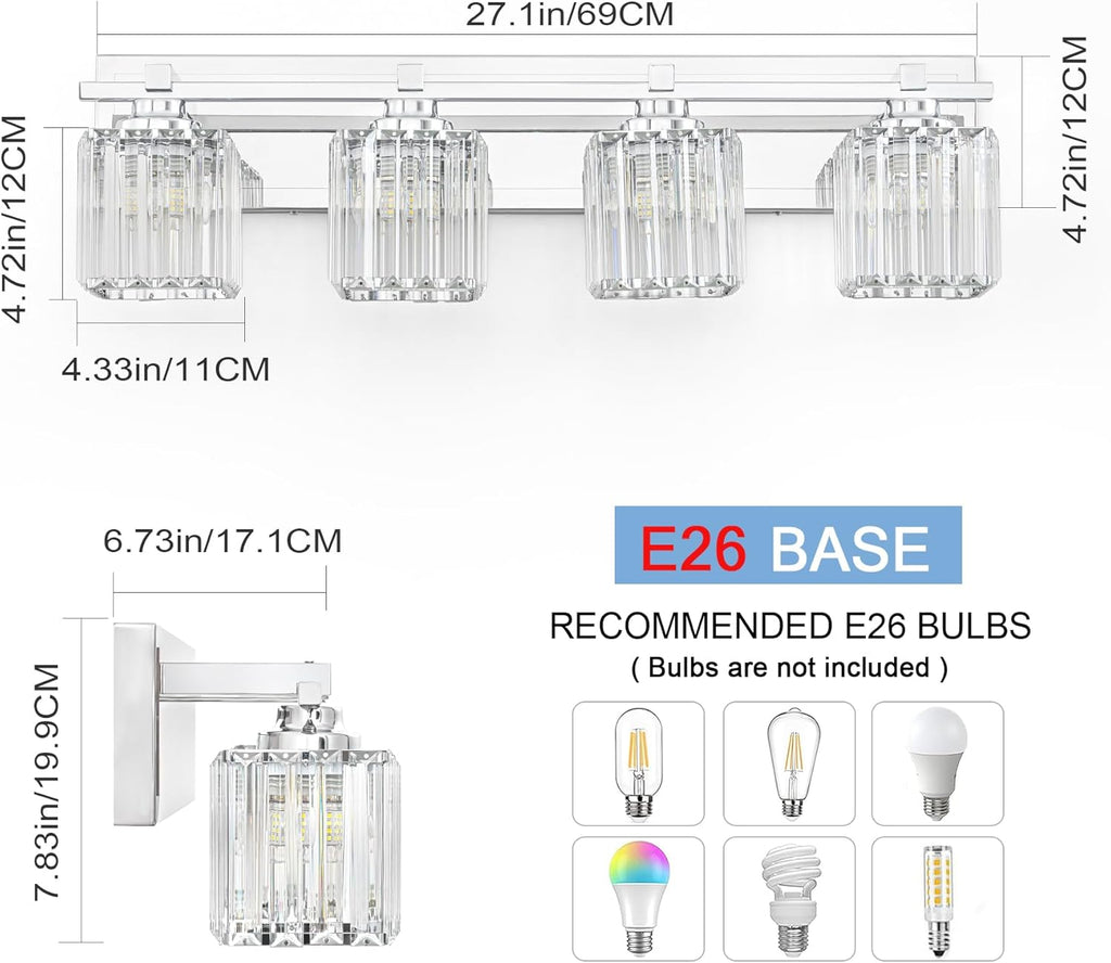 Crystal Bathroom Light Fixtures, 4 Light Chrome Vanity Lighting Over Mirror with Crystal Shades, Modern Bathroom Vanity Light for Restroom, Bath, Cabinet and Powder Room