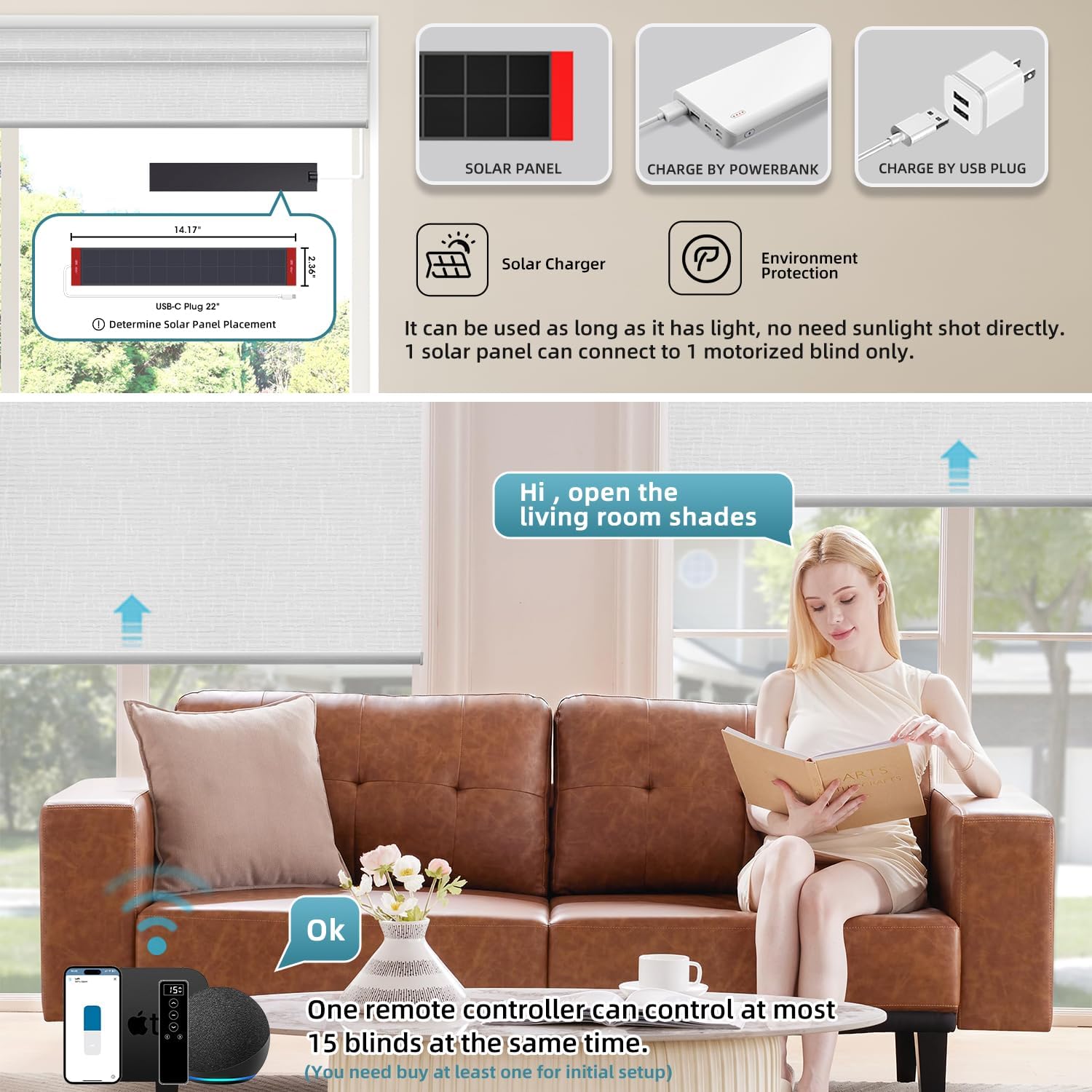 SmartWings Motorized 100% Blackout Shades Blinds, Custom Size, Cordless Window Shades with Rechargeable Battery, Works with Matter/Apple HomeKit, Alexa, Thread/Zigbee, Remote Optional, Safar White