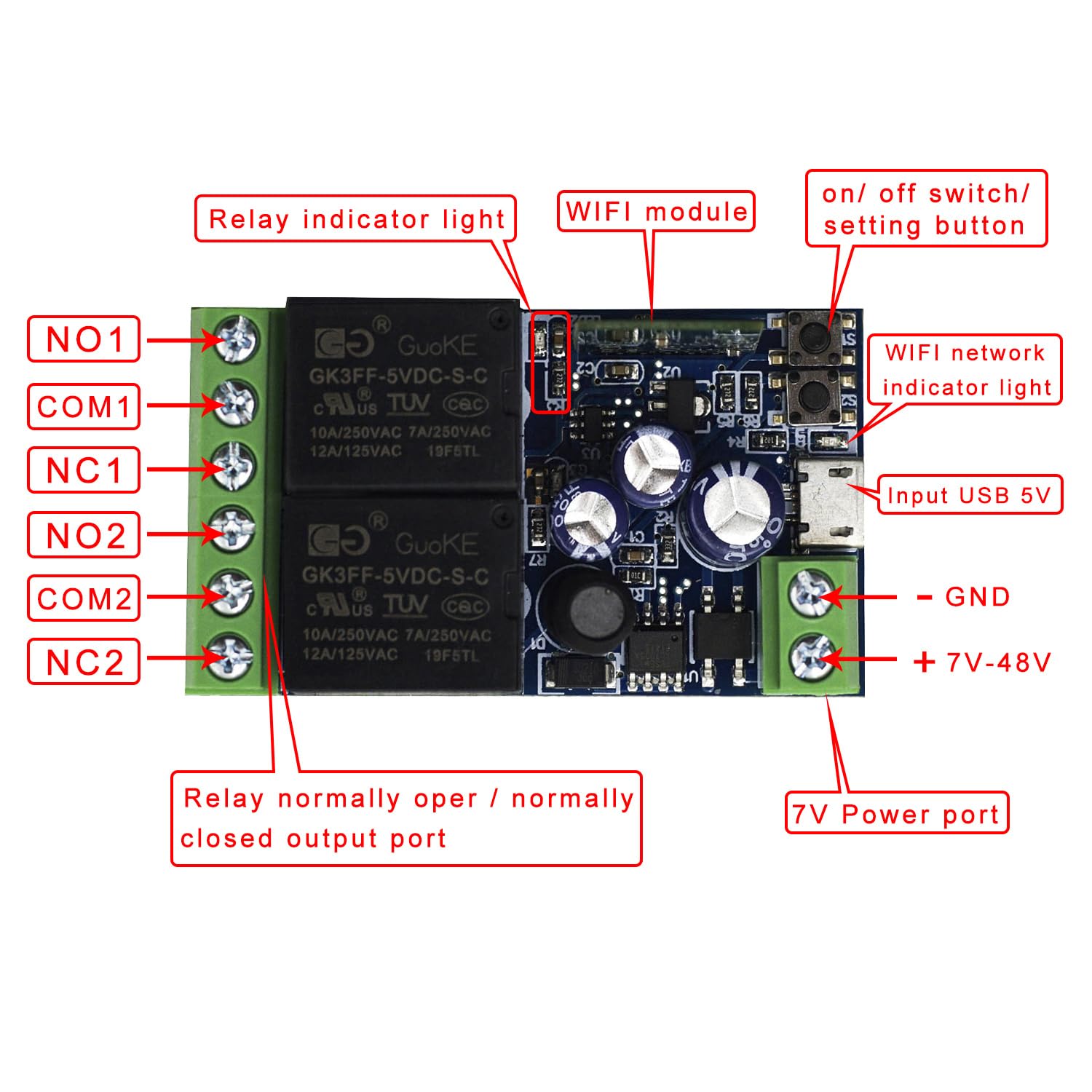 Ewelink WiFi Wireless Smart Relay Module USB DC 5v/12v/24v/48v 2 Channel Switch for Garage Door, Rolling Shutter Door, Electric Curtain