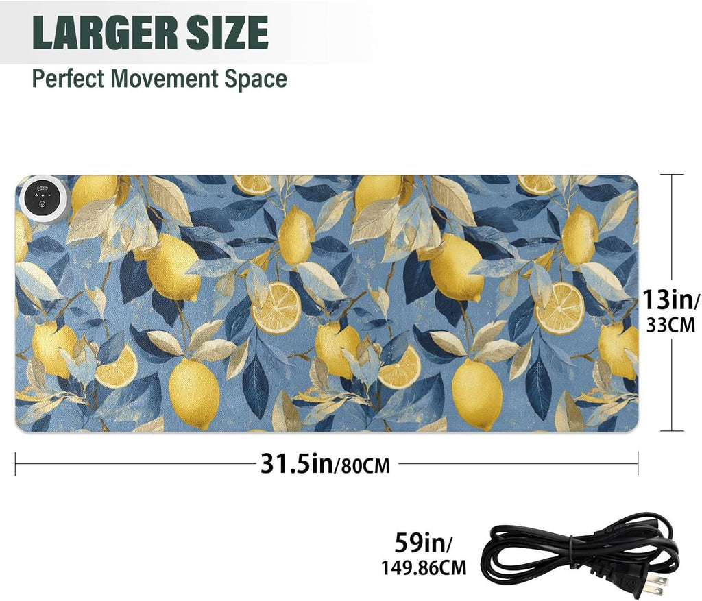 Heated Desk Pad Mouse Pad 31.5x13 Inch PU Leather Desk Mat with 3 Heat Levels Large Mouse Gaming Computer Laptop Mat Blue Lemon Leaves
