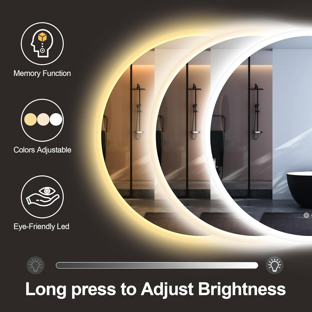 S·BAGNO 40'' Round Bathroom Mirror with Lights, LED Bathroom Vanity Wall Mirror with Anti-Fog, Stepless Dimmable, 3 Colors, Tempered Glass Lighted Vanity Smart Mirror for Bathroom(No Bluetooth)