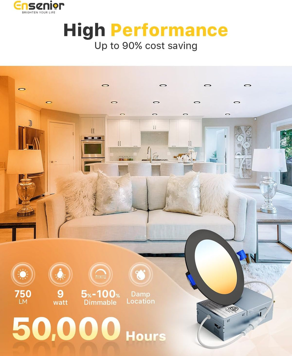 Ensenior 12 Pack 4 Inch LED Recessed Ceiling Light Black, Dimmable, 2700K-5000K 5CCT, 750LM 9W 120V, High Brightness Canless Wafer Downlight - ETL&FCC&IC