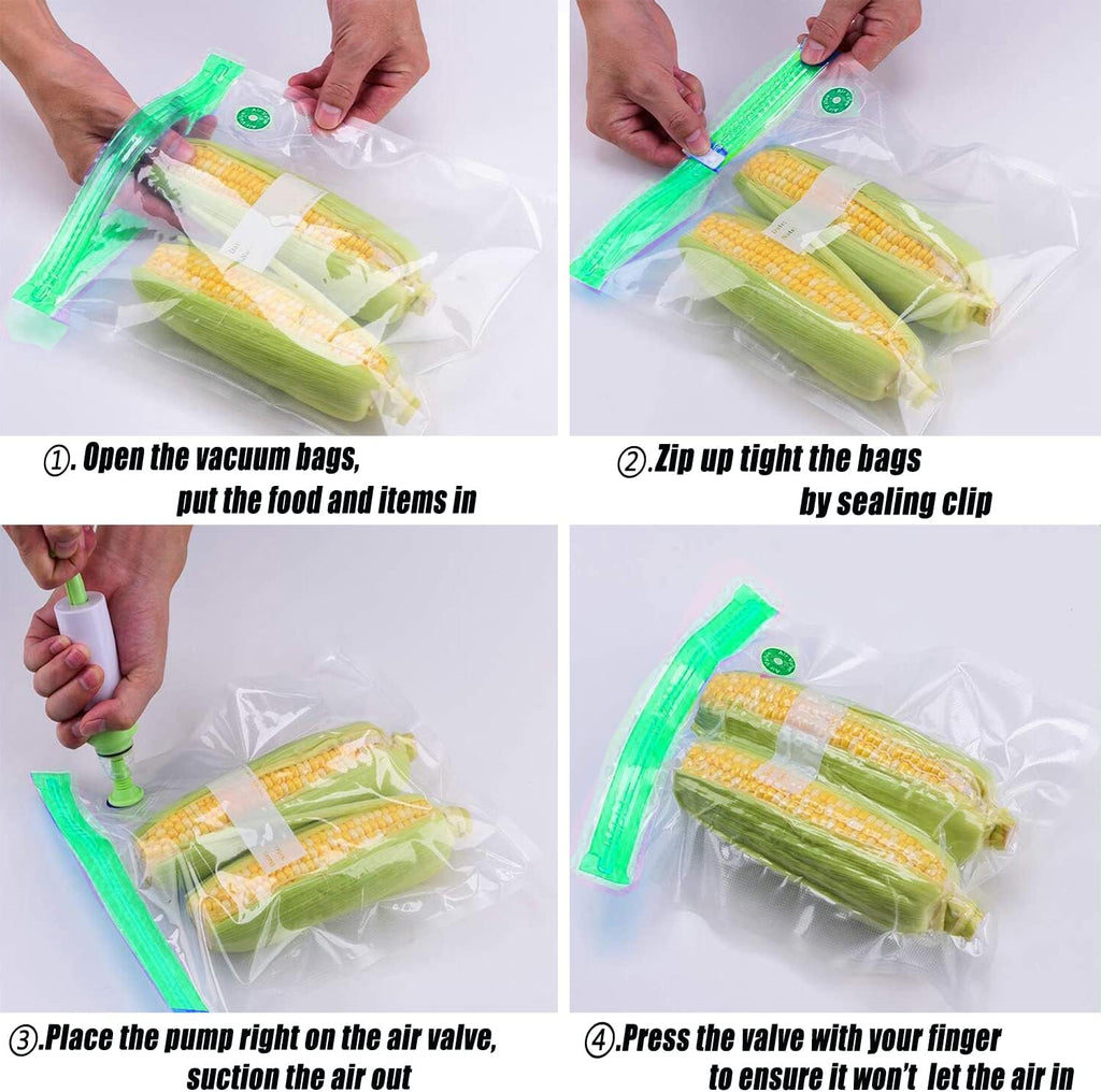 Sous Vide Bags 20pack Reusable Vacuum Food Storage Bags with 3 Sizes Vacuum Food Bags,1 Hand Pump,4 Sealing Clips for Food Storage and Sous Vide Cooking (Green Kit)