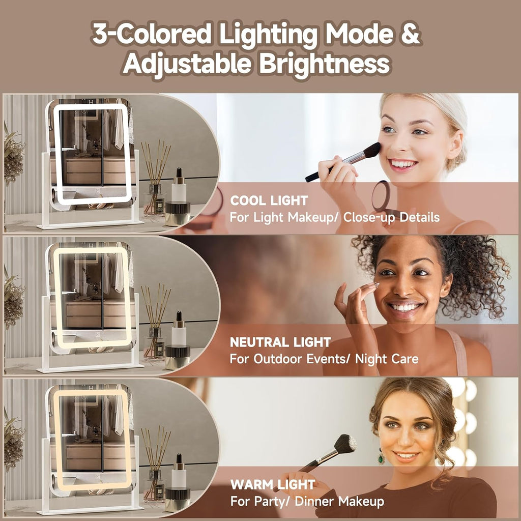 PRIMETEK Vanity Mirror with Lights, 16"x14" Large LED Lighted Makeup Mirror, Hollywood Makeup Mirror, Touch Screen, 3-Color Lighting, 5X Magnification, for Vanity Desk Tabletop, Bedroom, White