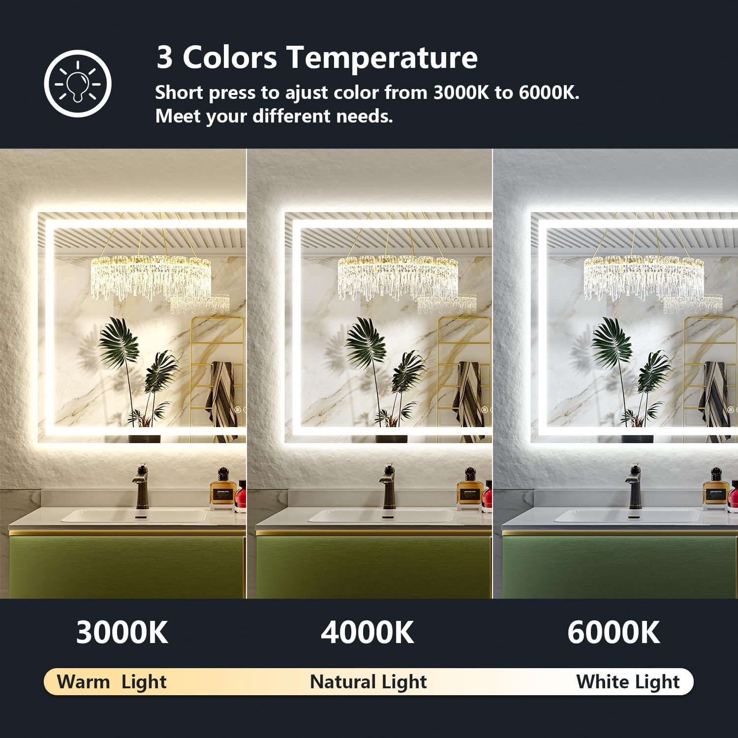 66x40 Inch LED Bathroom Mirror with Lights Front and Backlit Lighted Vanity Mirror for Bathroom Wall with 3 Colors Dimmable Anti-Fog Memory Shatter-Proof IP54 Waterproof Horizontal/Vertical