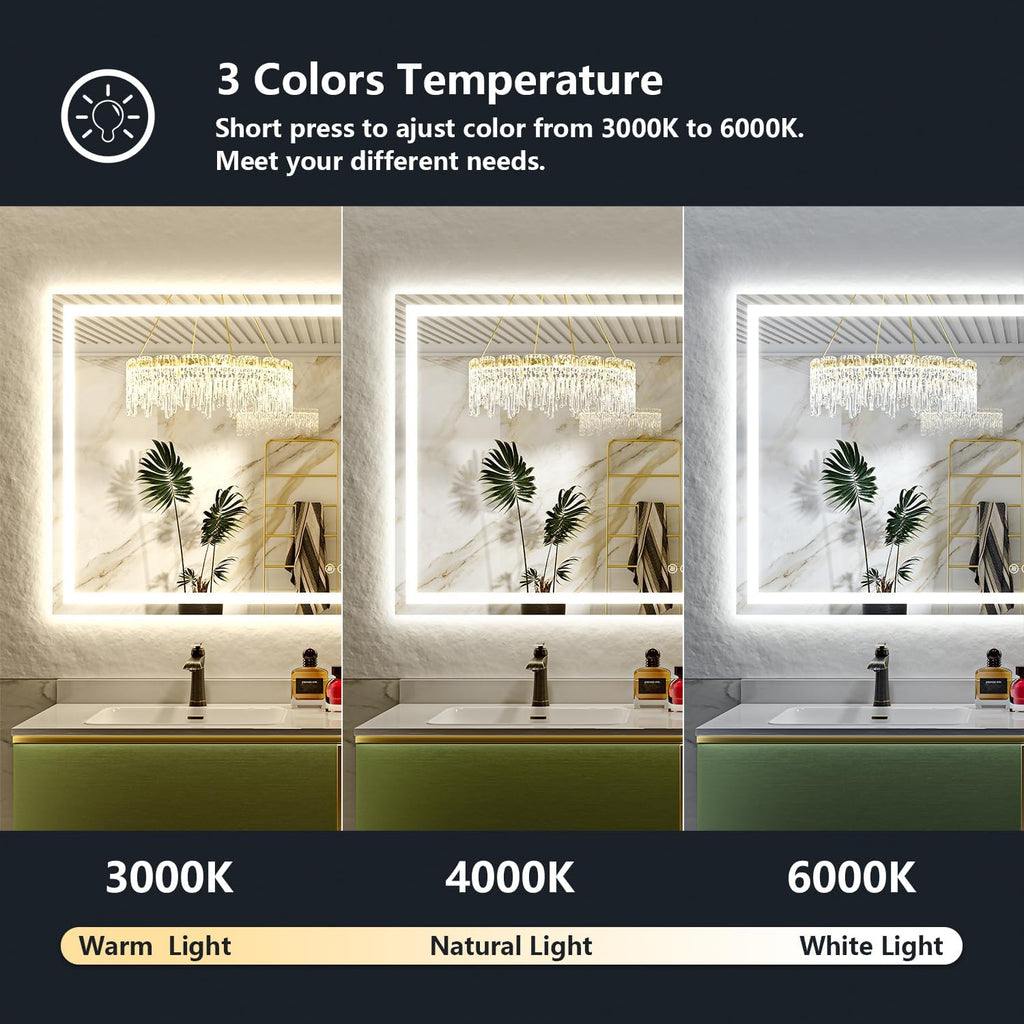 80x40 Inch LED Bathroom Mirror with Lights Front and Backlit Lighted Vanity Mirror for Bathroom Wall with 3 Colors Dimmable Anti-Fog Memory Shatter-Proof IP54 Waterproof Horizontal/Vertical