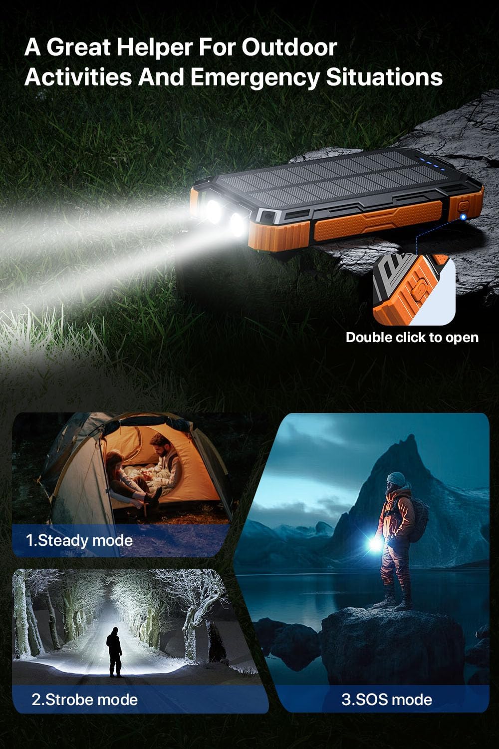 Solar Power Bank 49800mAh Wireless Portable Charger with USB-C 15W Fast Charging with 4 Built-in Cables LED Flashlight Battery Pack Compatible with iPhone, iPad, Smartphone,Perfect for Camping, Hiking