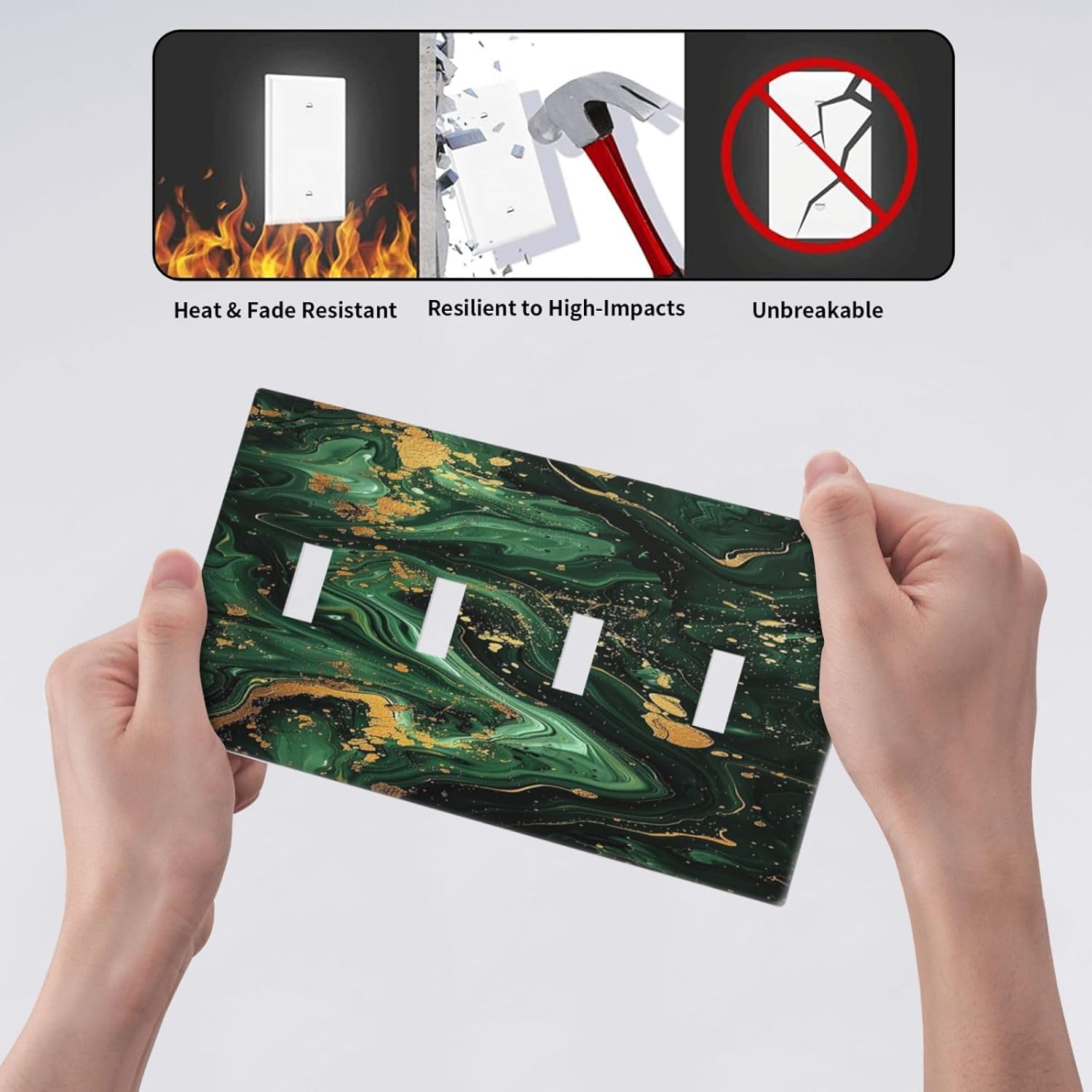Light Switch Cover Plate Green/Gold Modern Abstract Luxury Marble Quad Toggle Wall Plates Decorative Switch Plates 4 Gang Outlet Covers Electrical Panel Cover Faceplate for Home Decor 4.5 X 8 IN