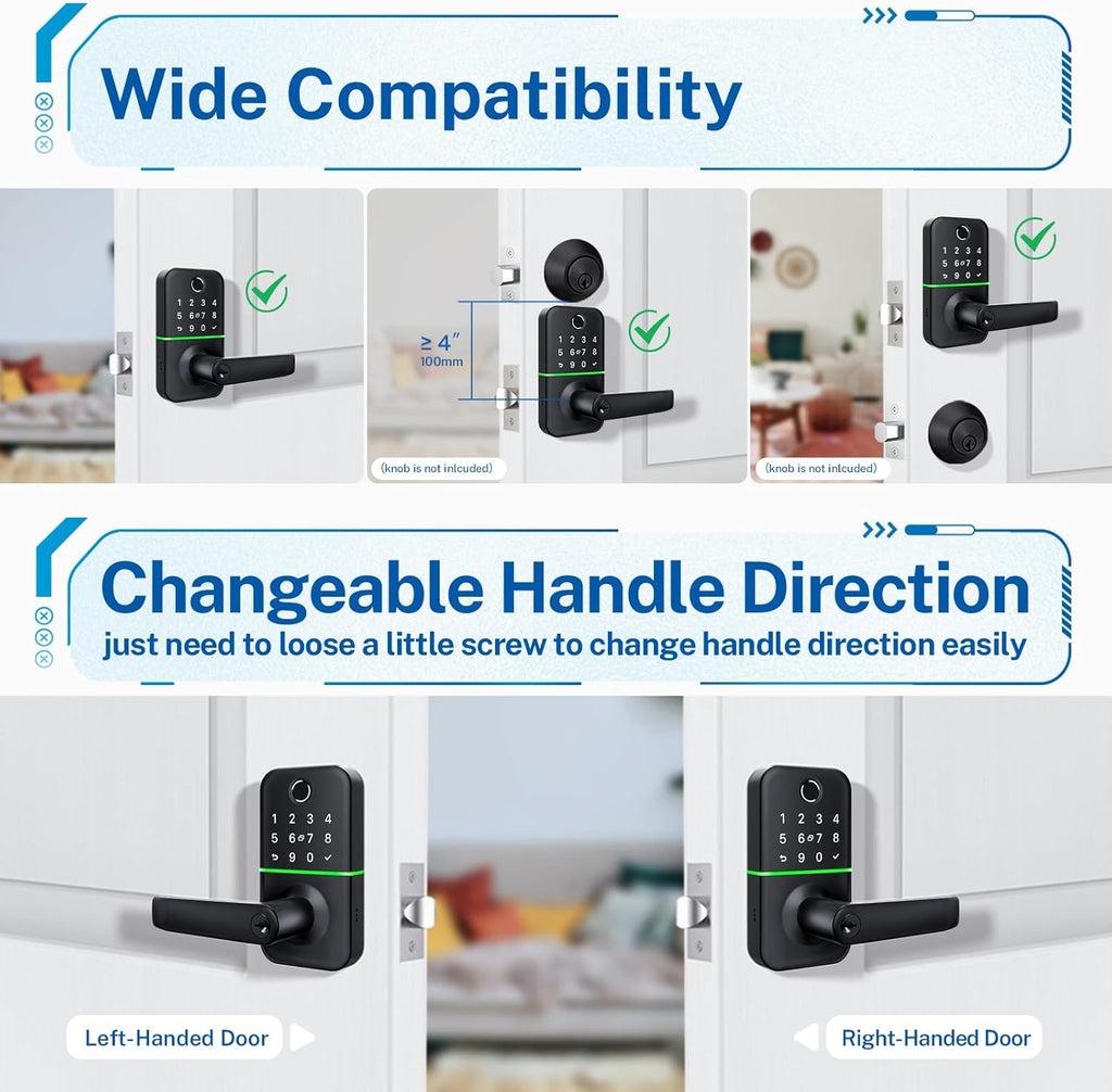 Keypad Smart Door Lock with Handle: Kucacci Keyless Entry Fingerprint Lock - Digital Code Handle with Keypad - Electronic Smart Knob for Front Door - Deadbolt Alternative with App - Easy Installation