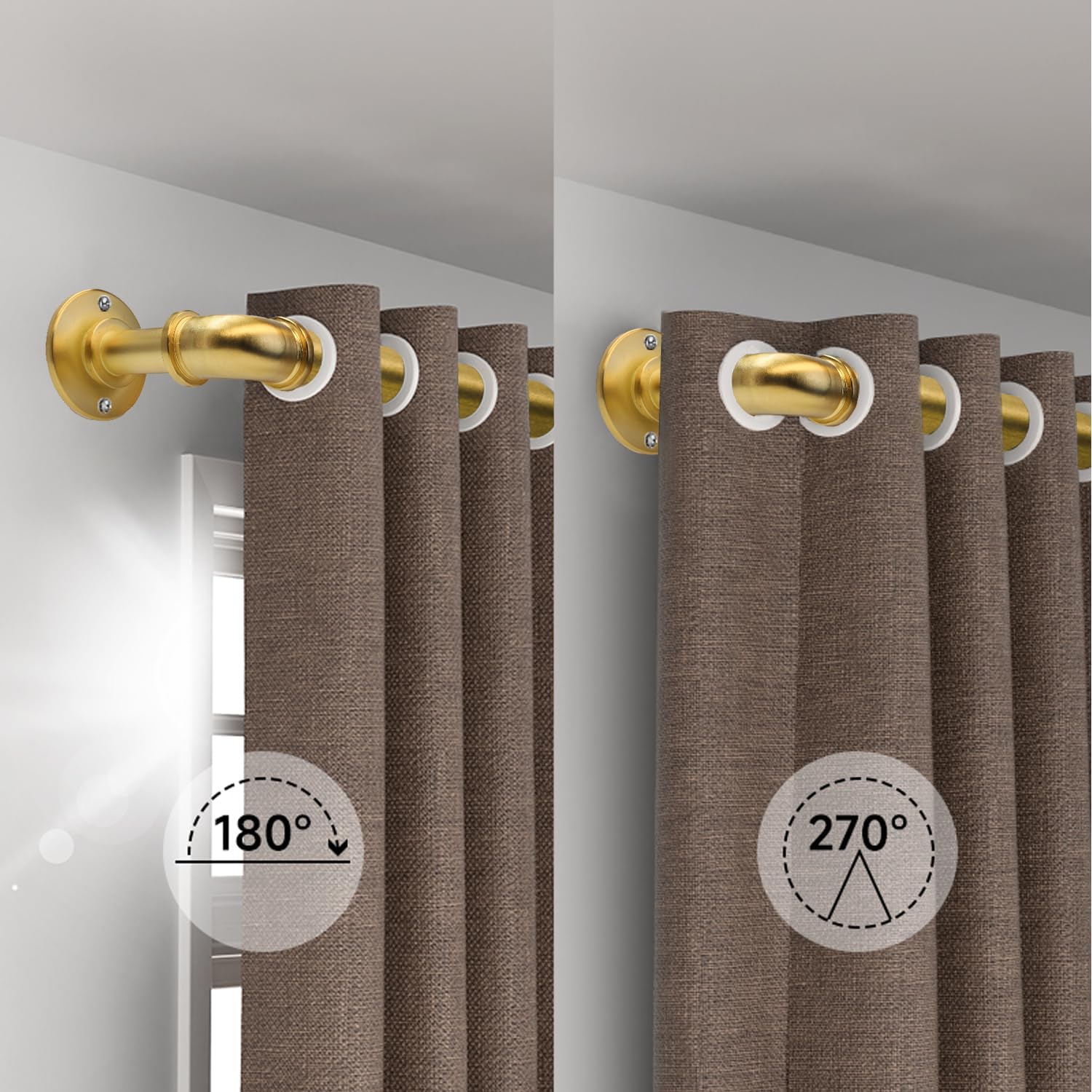 Brushed Gold Curtain Rods 18 to 88 in,Wraparound Curtain Rods,Adjustable Length,1 in Diameter Pipe,Wall or Ceiling Mounted,for Bedroom and Living Room (Brushed Gold 18” to 88”)