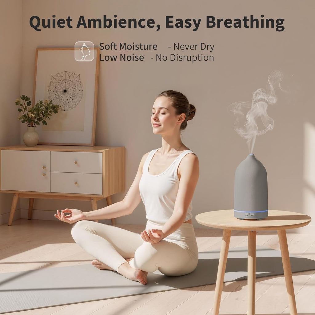 URPOWER 120ML Essential Oil Diffuser Aromatherapy Diffuser Oil Machine with Elegant Gray Ceramic Design Ultrasonic Cool Mist Humidifier with 7 LED Lights, Auto-Off for Home Decor & Relaxation Office