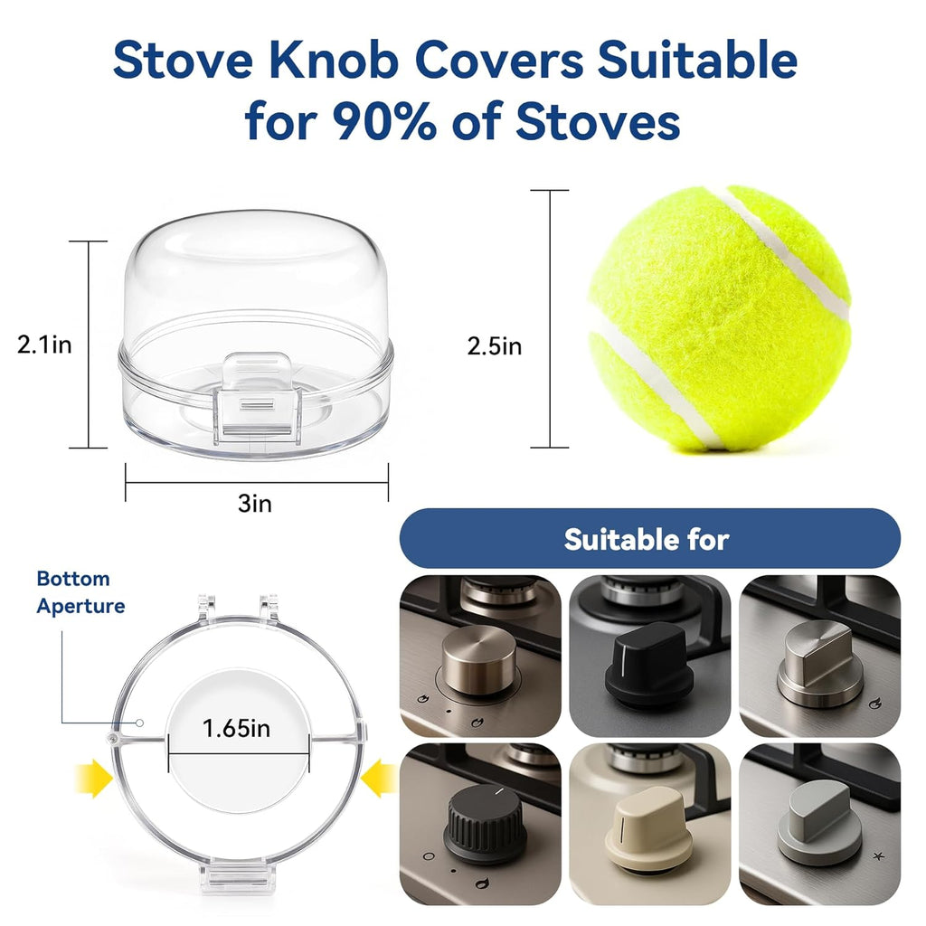 Stove Knob Safety Covers, 5Pcs Fits 90% Oven/Stove 5 Heat Alert Stickers Oven Knob Covers for Child Safety, 2nd Gen Kitchen Burner Childproofing, Gas Stove Knob Locks for Kid Baby Pet (Clear)