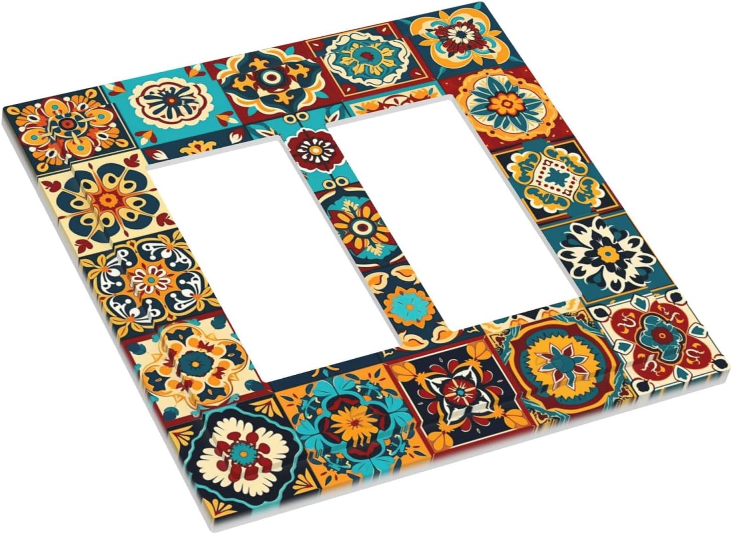 Mexican Talavera Ceramic Tile Moroccan Boho Decorative Outlet Covers 2 Gang Double GFCI Rocker Electrical Wall Panels Light Switch Cover Plate for Bathroom Kitchen Decor
