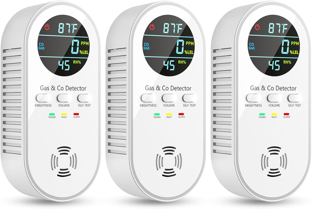 5-in-1 Carbon Monoxide Detectors, Natural Gas Leak Detector, Plug-in & Battery Backup Co Detector, HD Digital Display, CO Gas Temp Humidity Sensor, 3-Pcs, White