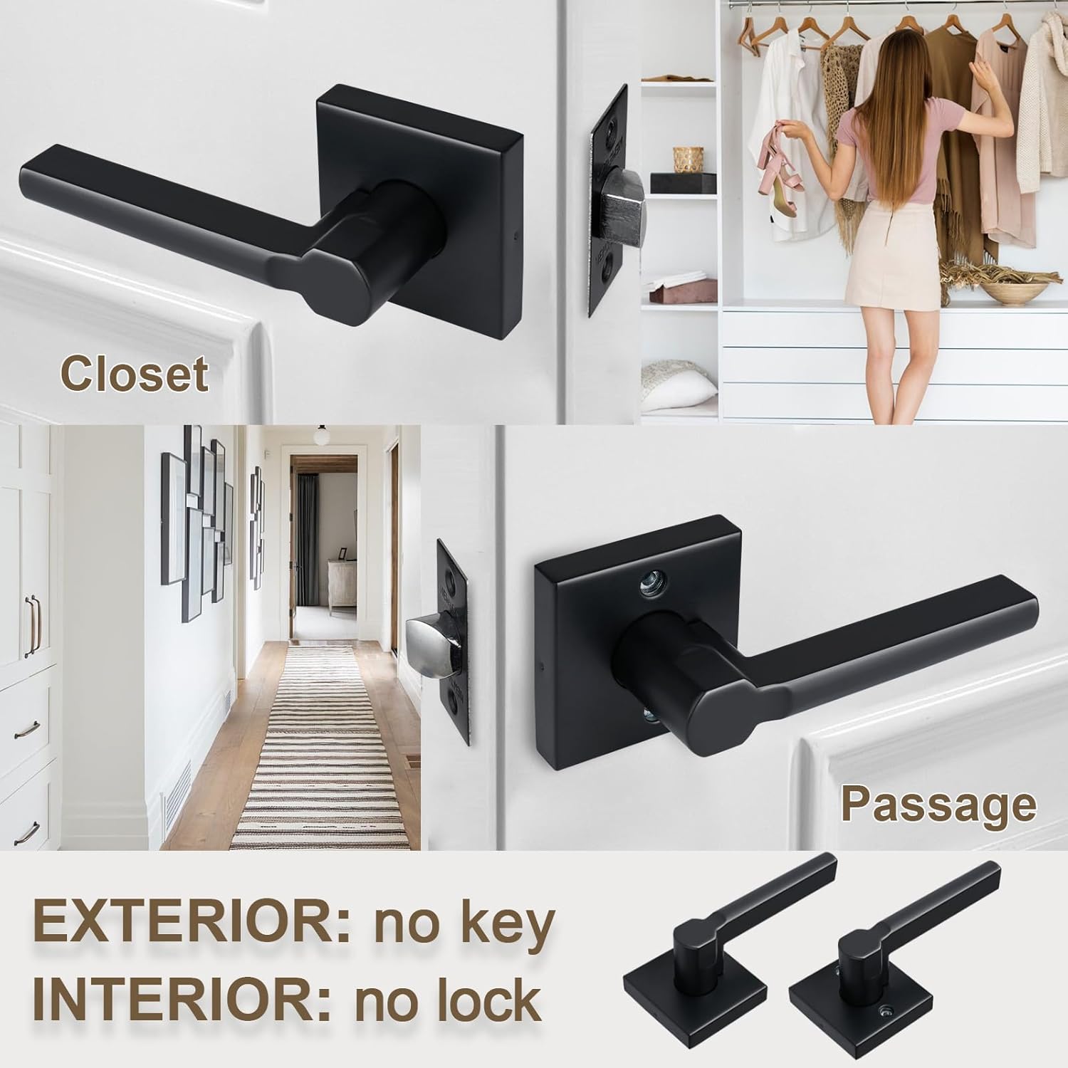 Passage Door Lever (No Lock), Heavy Duty Interior Square Handle for Hallway and Closet, Matte Black, Reversible for Right&Left Handed, 20Packs