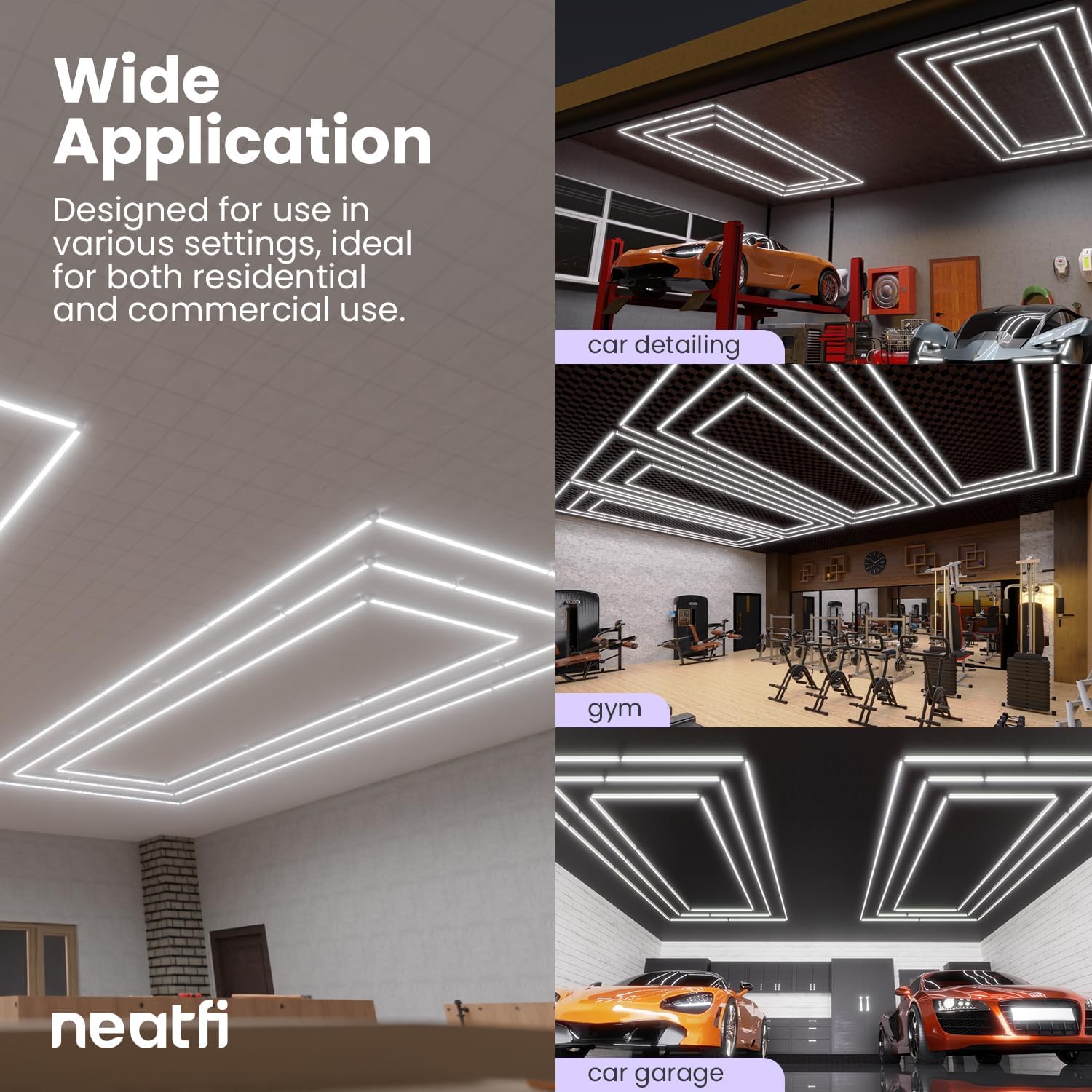 Neatfi LED Super Bright Garage Light, 52, 800 Lumens, Ceiling Lighting for Auto Shops, Gym, Basement, Warehouse, Barber and Beauty Salons (3 Rectangles, Cool White)