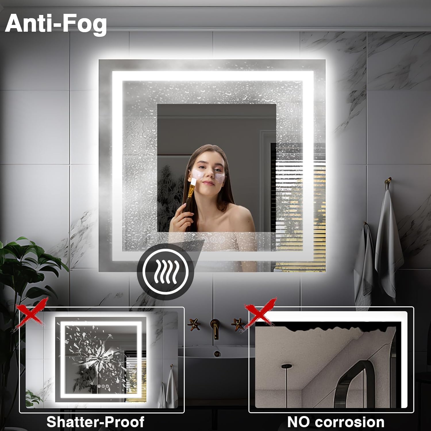 36"x36" Square LED Bathroom Mirror (Front and Backlit), Anti-Fog Vanity Mirror with Lights, Stepless 3 Colors Dimmable Smart Lighted Mirror(Horizontal/Vertical)