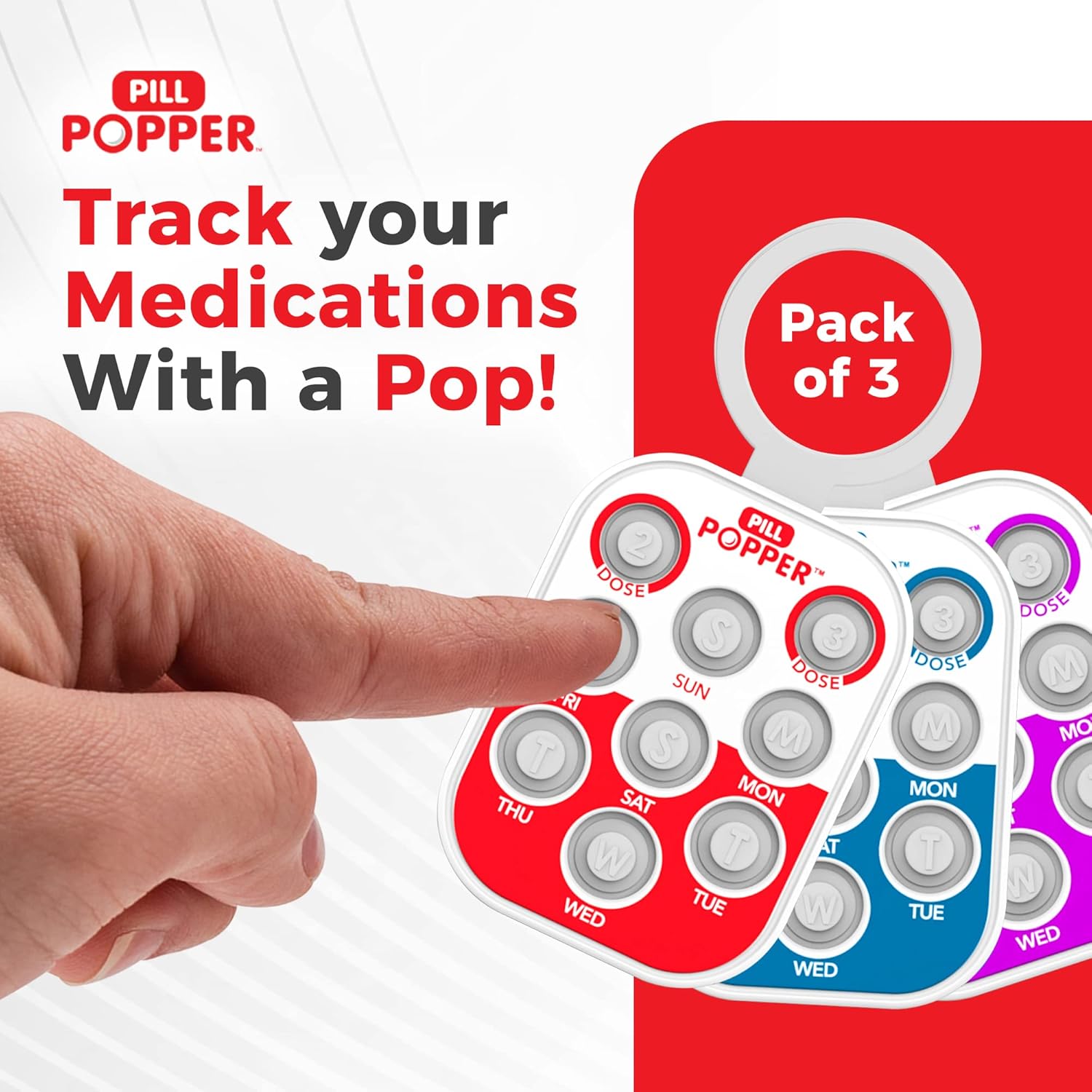 Pill Popper Medication Tracker, Daily Pill Reminder, Small and Portable Memory Aid with Buttons, Attaches to Pill Container, Tracks up to 3 Doses per Day, Multicolor, 3-Pack - Easy To Use Products