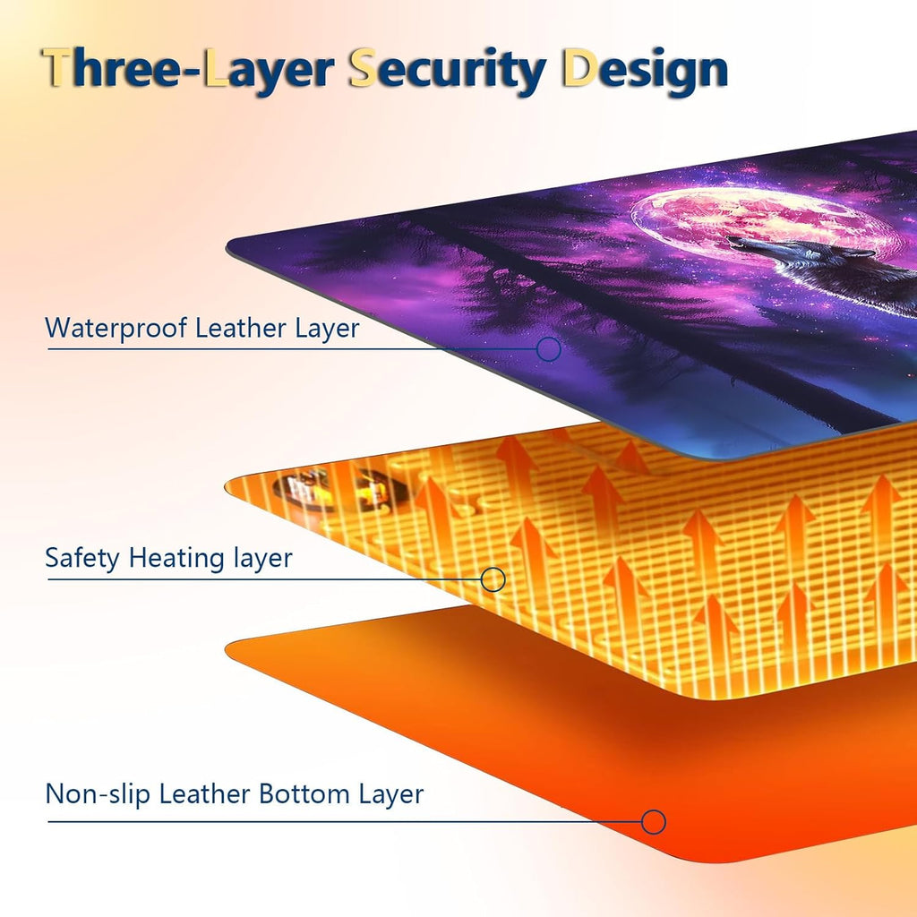 Heated Mouse Pad with 3 Temperature Settings(104°F–122°F),Large 24x14.2 Inch PU Leather Heated Desk Mat,Waterproof Warming Pad for Office,Gaming & Cold Hands Relief,Moon Wolf Howling