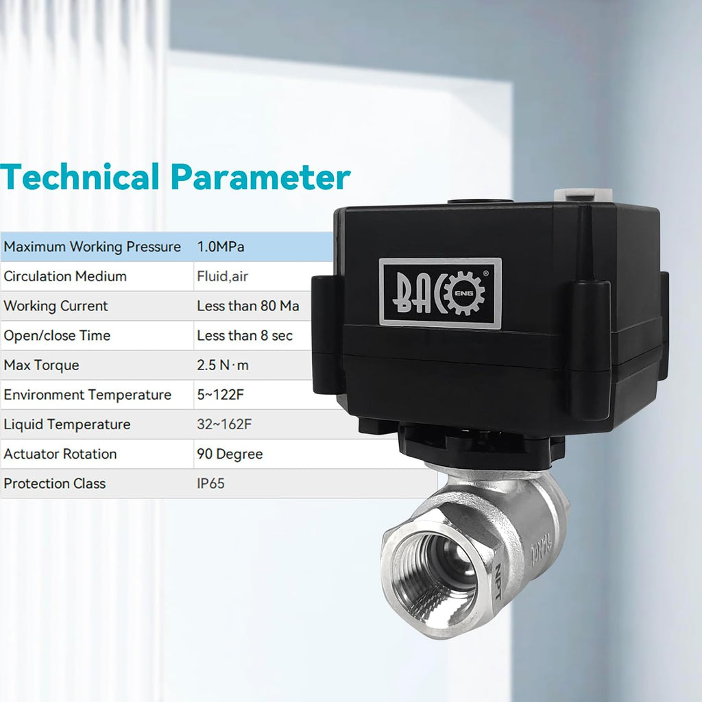 BACOENG Motorized Ball Valve, 2 Wire Auto Return 1/2" Stainless Steel Electrical Ball Valve with Full Port, AC/DC9-24V Manually Closable (Normally Closed), Black