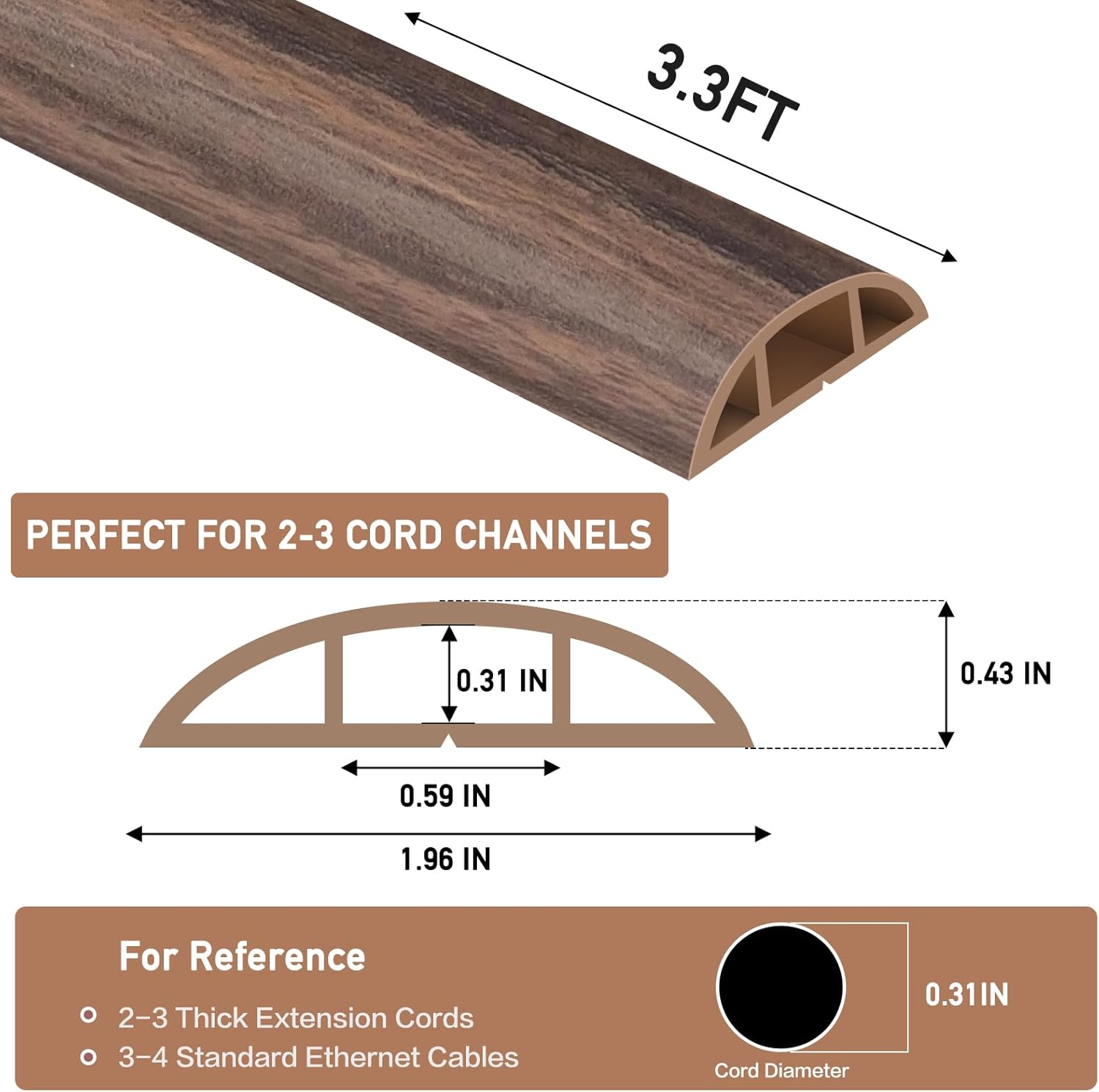 Floor Cord Cover Self Adhesive Cord Hider Floor Extension Cord Covers for Floor Power Cord Protector Cable Management Prevent Cable Trips Cable Cavity 0.59" W x 0.31" H (Smoked Brown Wood, 3.3Ft)