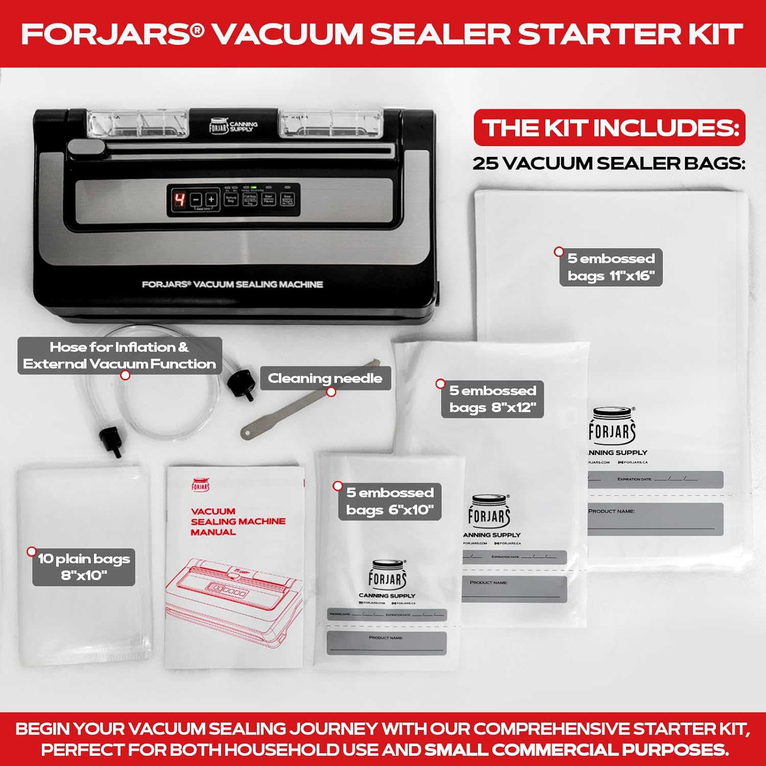 FORJARS Food Vacuum Sealer Machine with 20 Bags, High-Speed, Multi-Functional. Automatic Sealing for Dry and Wet Storage, Freshness Saving for Your Food, Perfect for Sous Vide Cooking and Kitchen Use