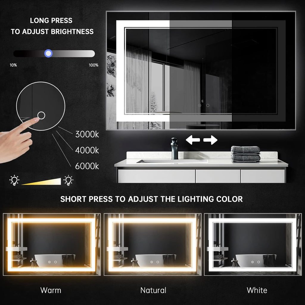 48" x 30" LED Bathroom Mirror Wall-Mounted Anti-Fog Mirror Bathroom Mirror with Lights LED Vanity Mirror Dimmable Lighted Mirrors